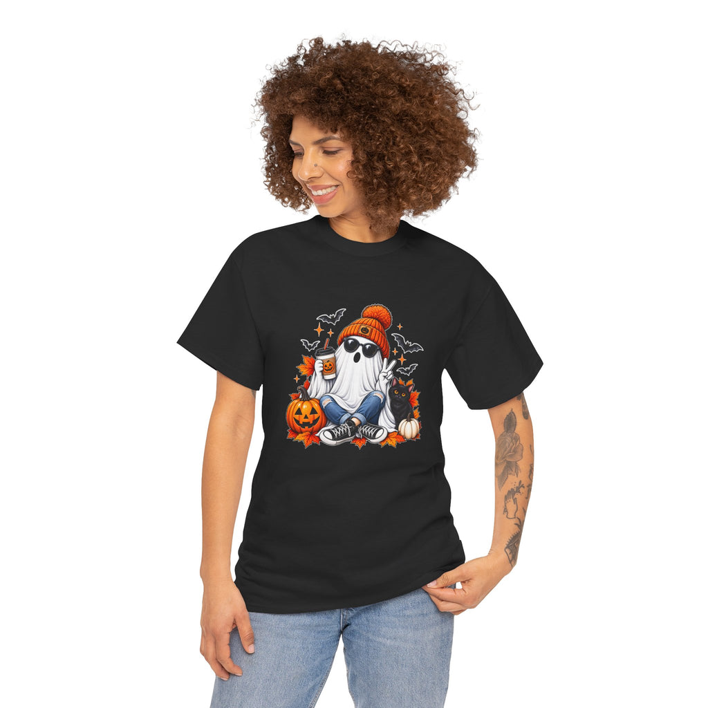 Halloween Ghost T-Shirt, Cute Spooky Pumpkin Cat Tee, Cozy Fall Coffee Graphic Shirt, Halloween Gift for Her