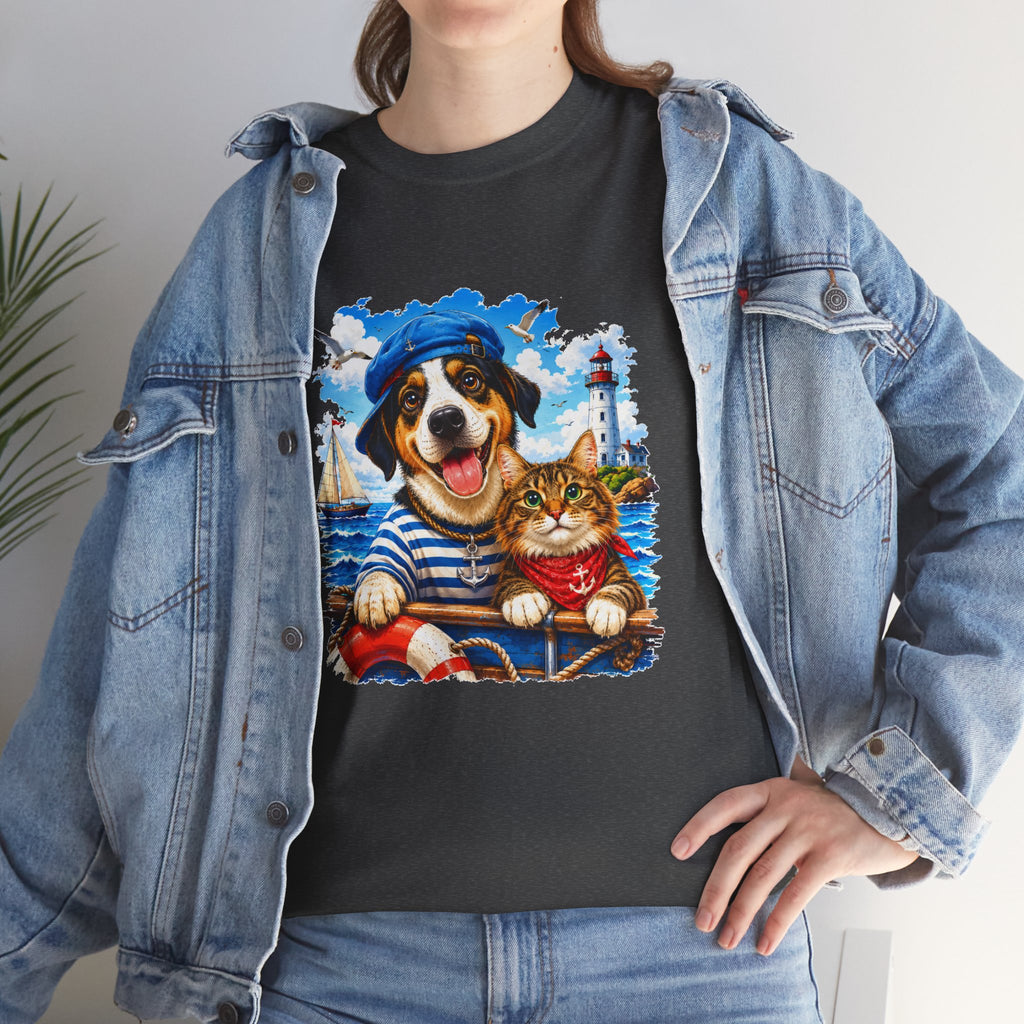 Nautical Dog & Cat T-Shirt | Sailor Pet Graphic Tee | Coastal Animal Lover Shirt | Beach Dog Cat Gift
