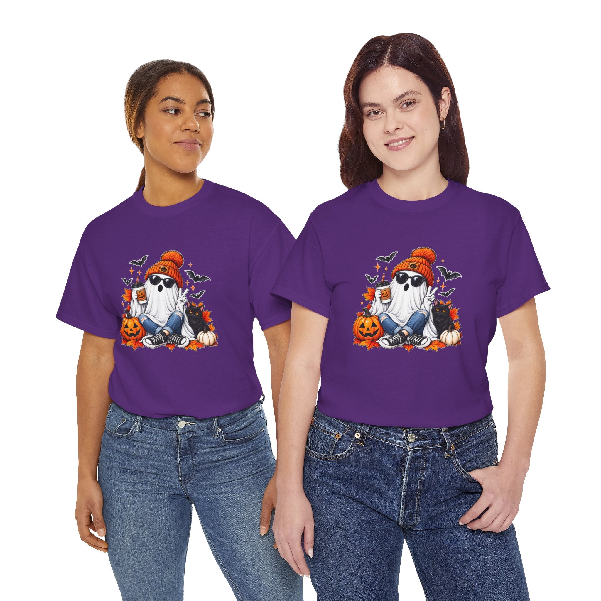 Halloween Ghost T-Shirt, Cute Spooky Pumpkin Cat Tee, Cozy Fall Coffee Graphic Shirt, Halloween Gift for Her
