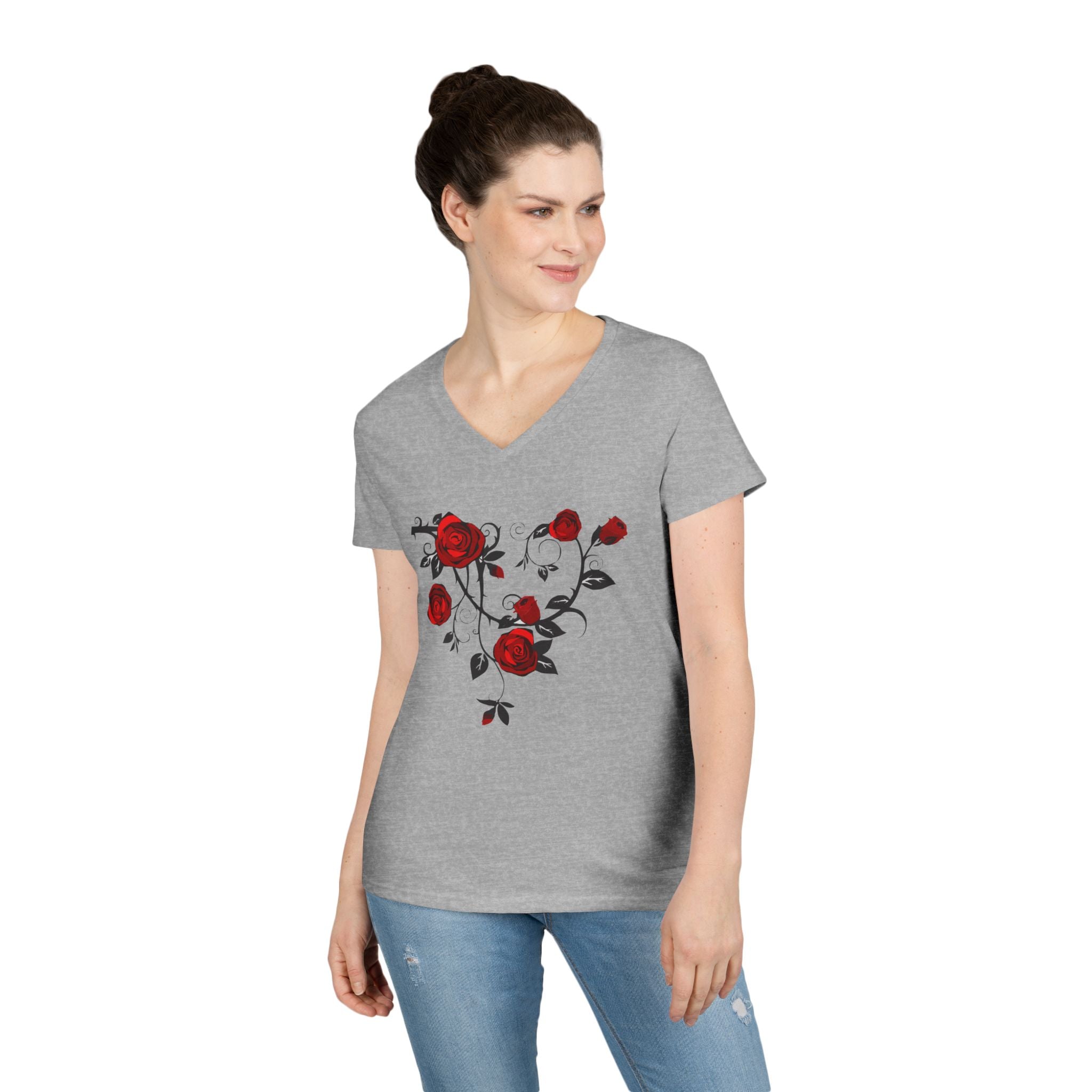 Rose Heart V-Neck Tee — Floral Red Roses Women's T-Shirt