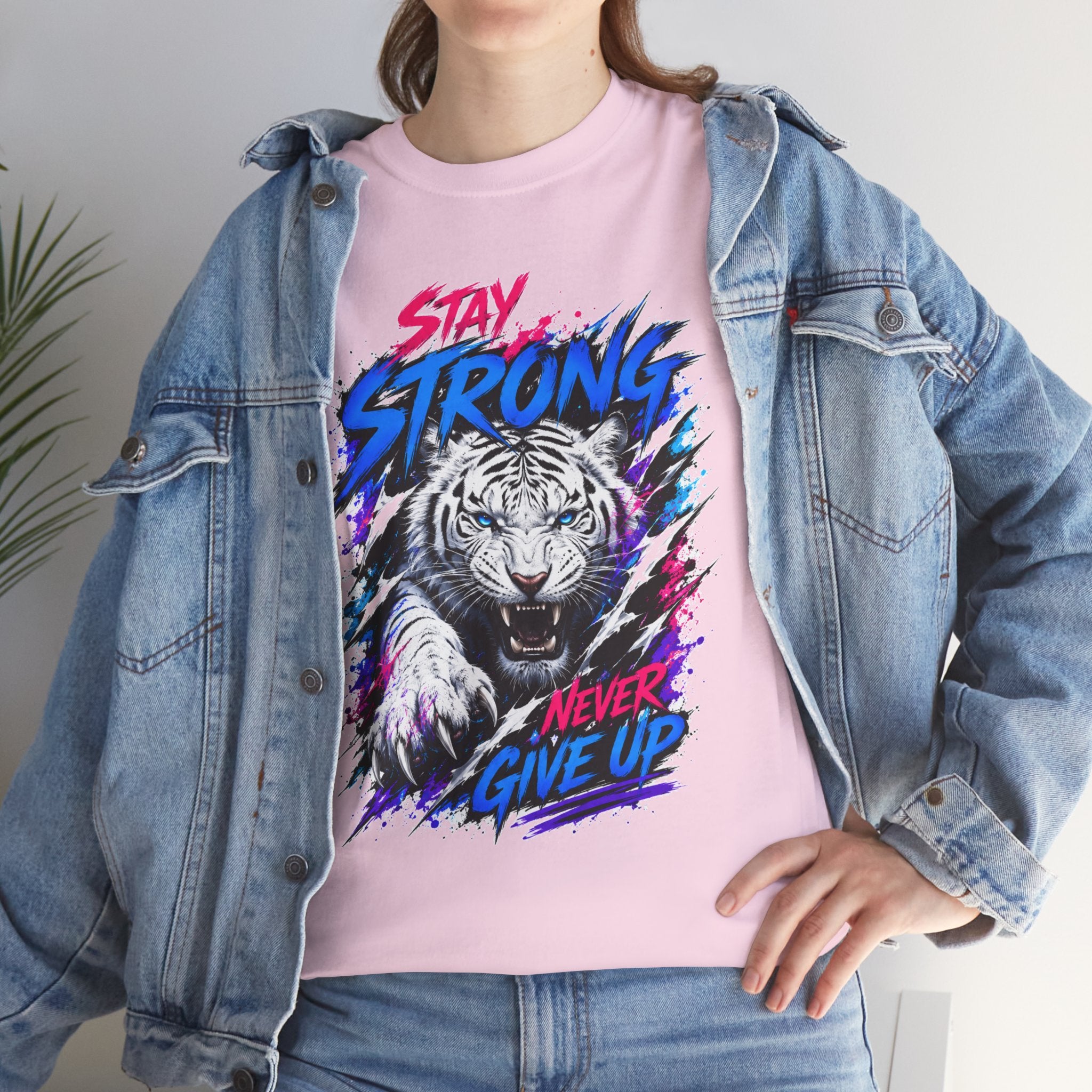 Stay Strong Never Give Up Tiger T-Shirt | White Tiger Graphic Tee | Motivational Unisex Shirt | Inspirational Animal Tee | Gift for Tiger Lovers