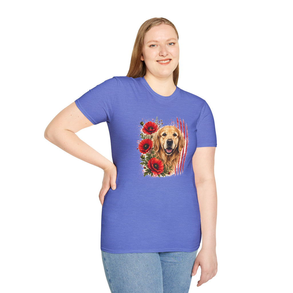 Golden Retriever Poppy T-Shirt | Patriotic Dog Lover Shirt | Golden Retriever Mom Gift | Floral Dog Graphic Tee | Unisex USA Shirt
