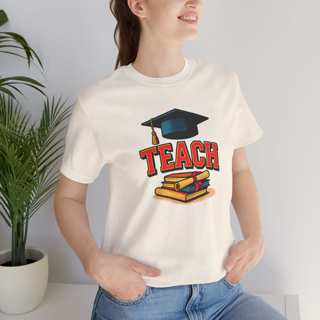 Teach Graduation T‑Shirt — Teacher Gift Tee with Cap & Books Design