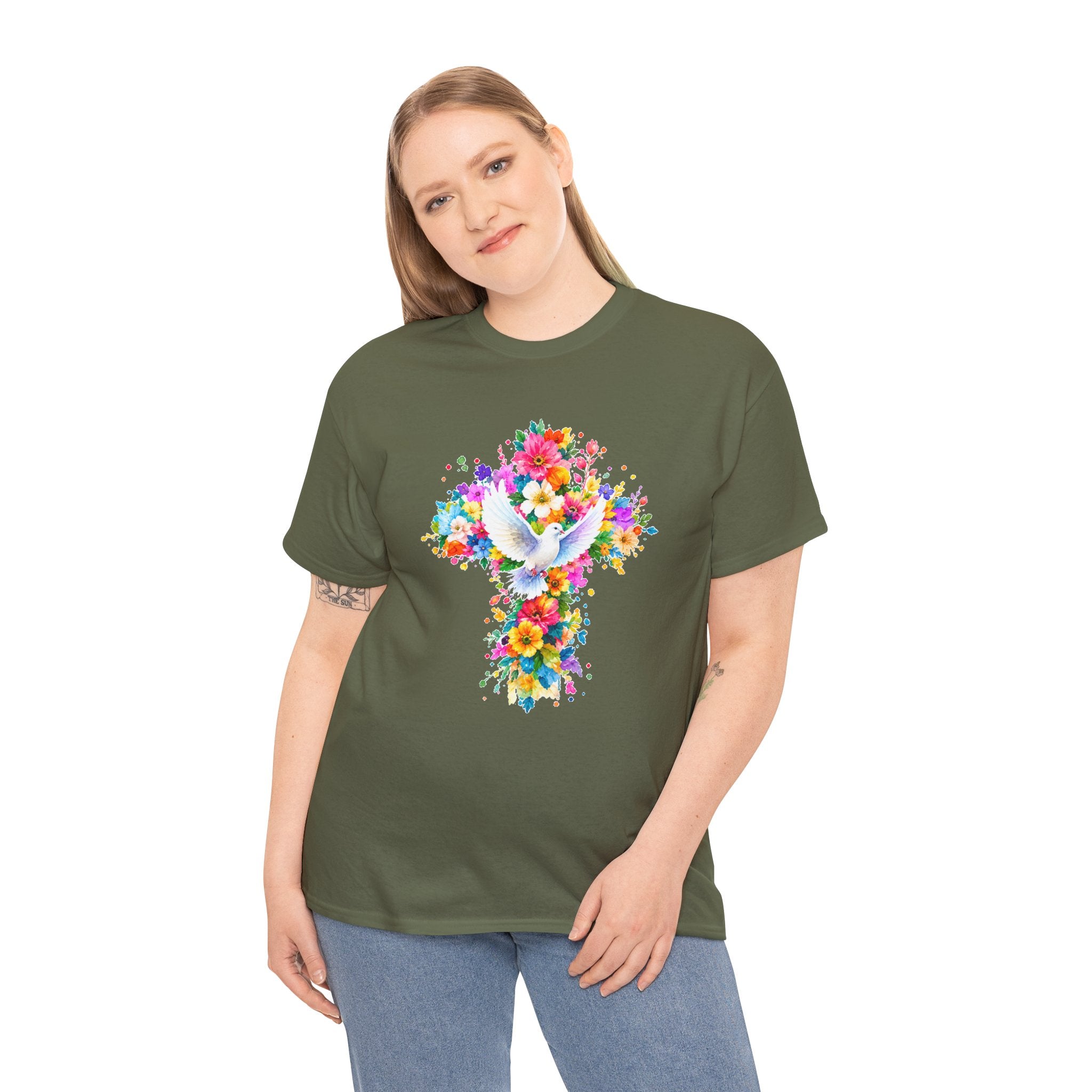 Christian Floral Cross T-Shirt | Dove Faith Shirt | Religious Graphic Tee | Holy Spirit Shirt | Easter Gift | Church Shirt