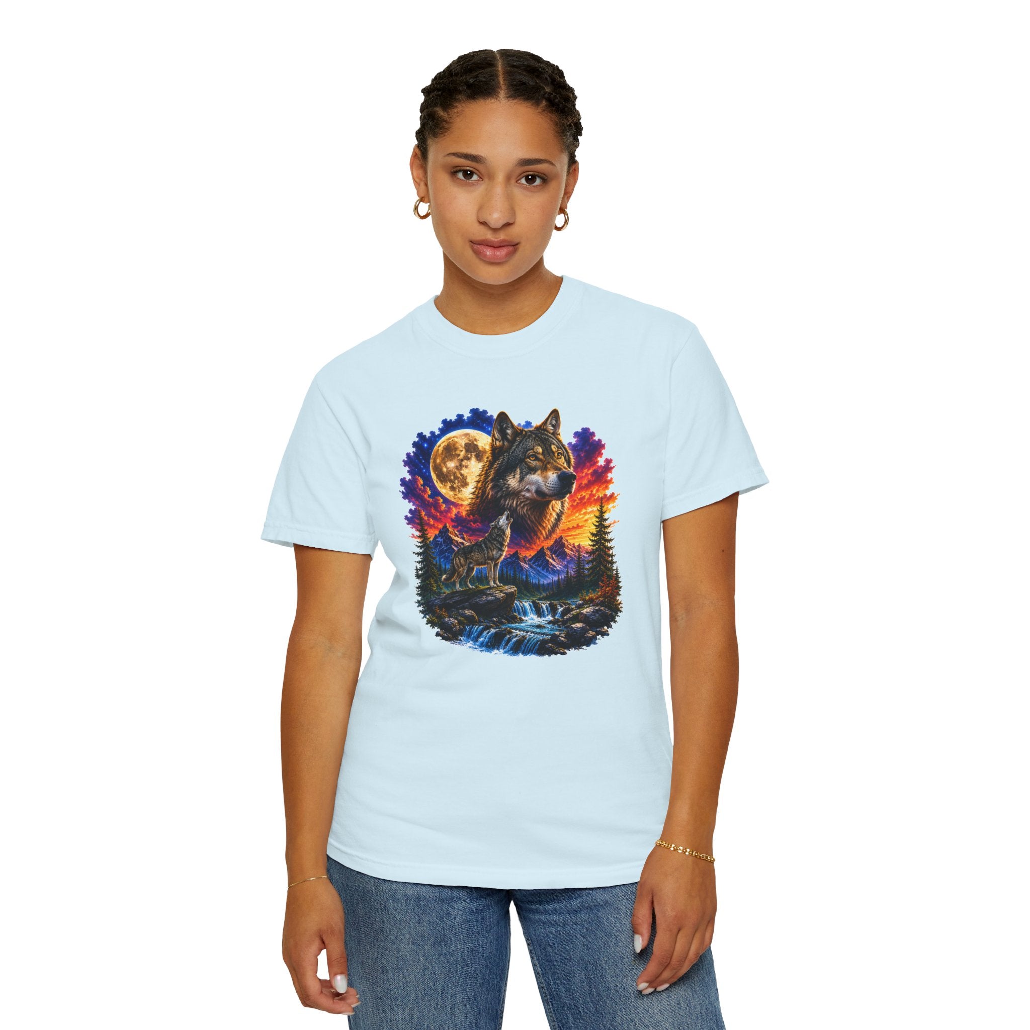 Colorful Wolf Moon T-Shirt, Nature Lover Gift, Howling Wolf Graphic Tee, Mountain Forest Shirt, Wildlife Adventure Tee