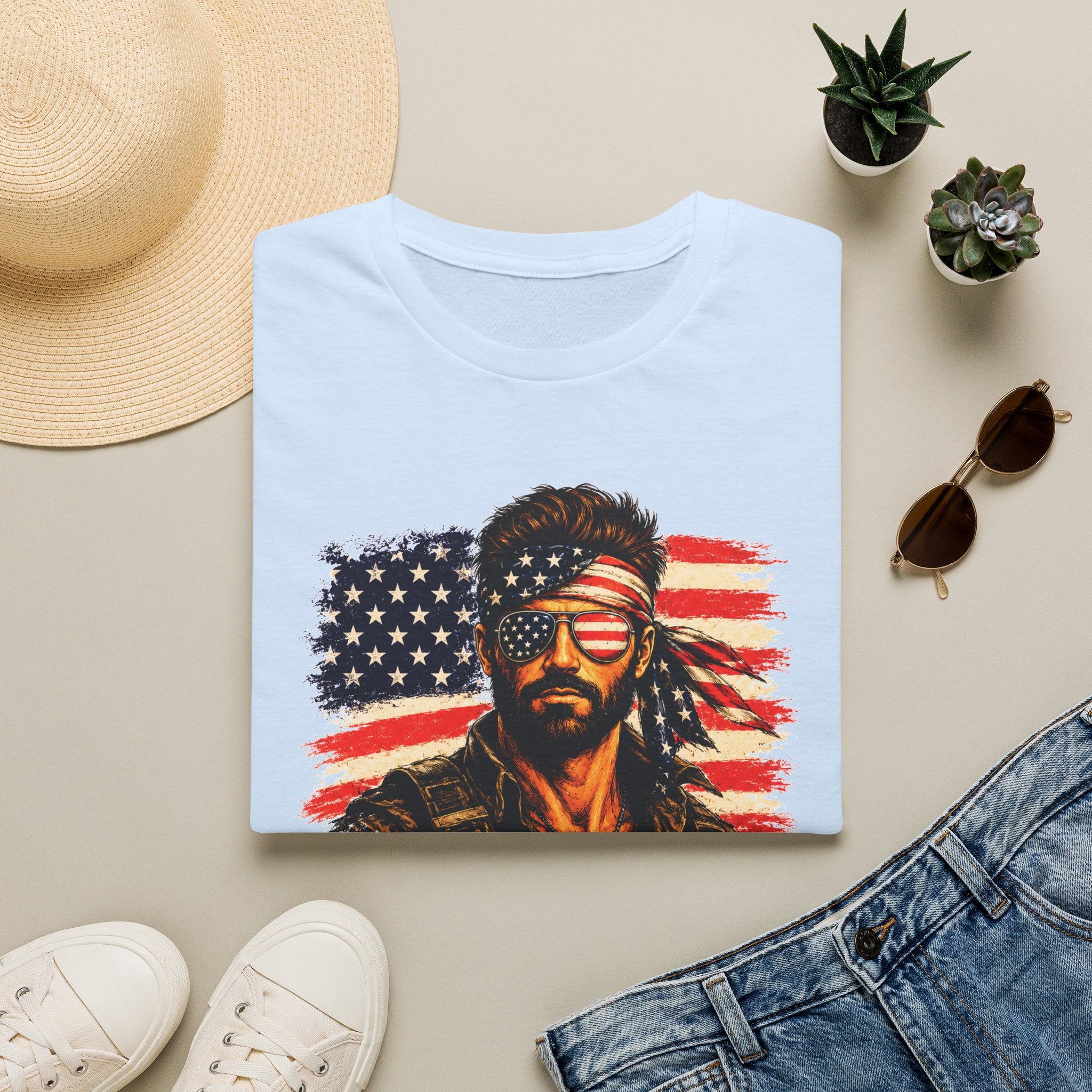 Patriotic Bandana Man T-Shirt — USA Flag Graphic Tee ("America")