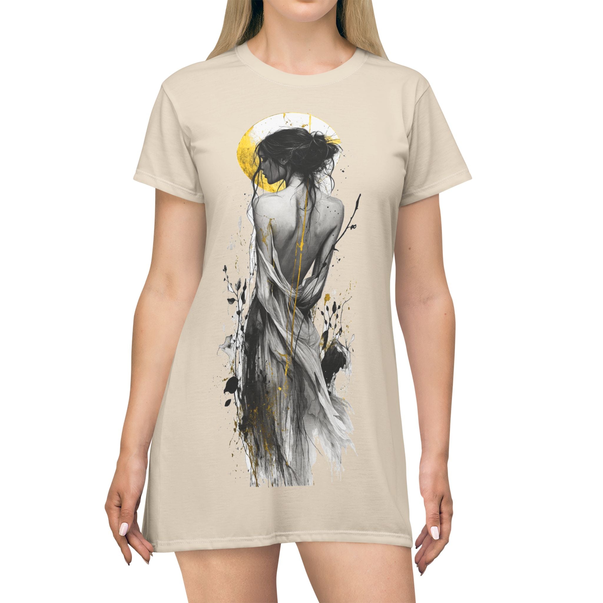 Artistic Sunlit Figure T-Shirt Dress — Abstract Watercolor Woman Print