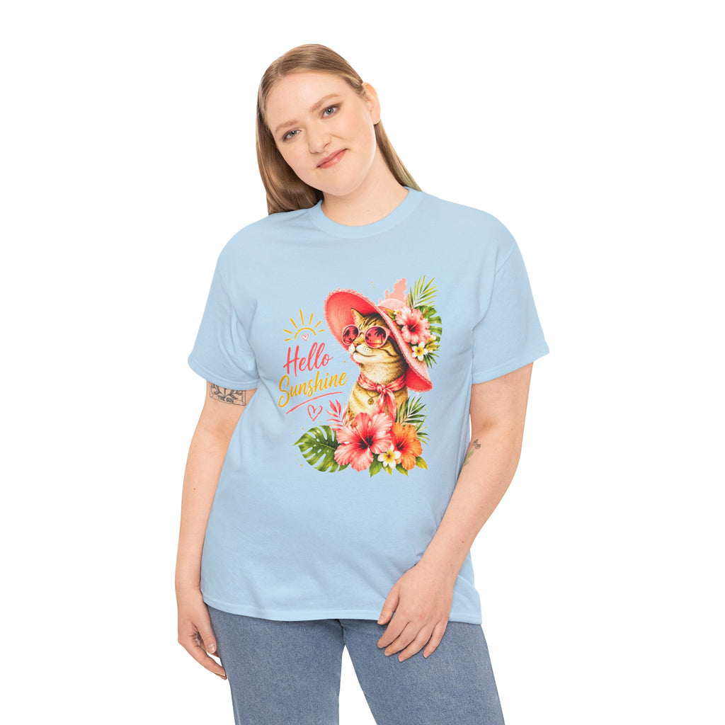 Hello Sunshine Cat Shirt | Cute Floral Cat T-Shirt | Tropical Summer Kitty Tee | Cat Lover Gift | Cute Women's Graphic Tee