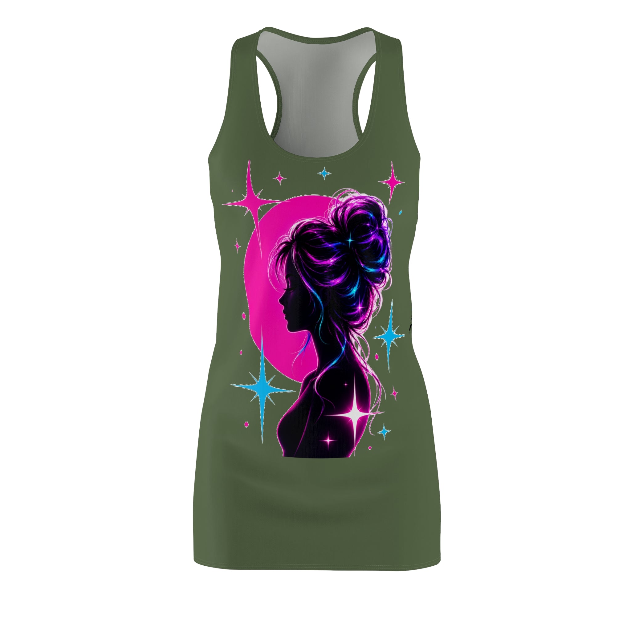 Cosmic Silhouette Racerback Dress, Neon Moon Woman Dress, Galaxy Graphic Dress, Sleeveless Summer Dress, Celestial Art Dress, Festival Outfit, Gift for Her