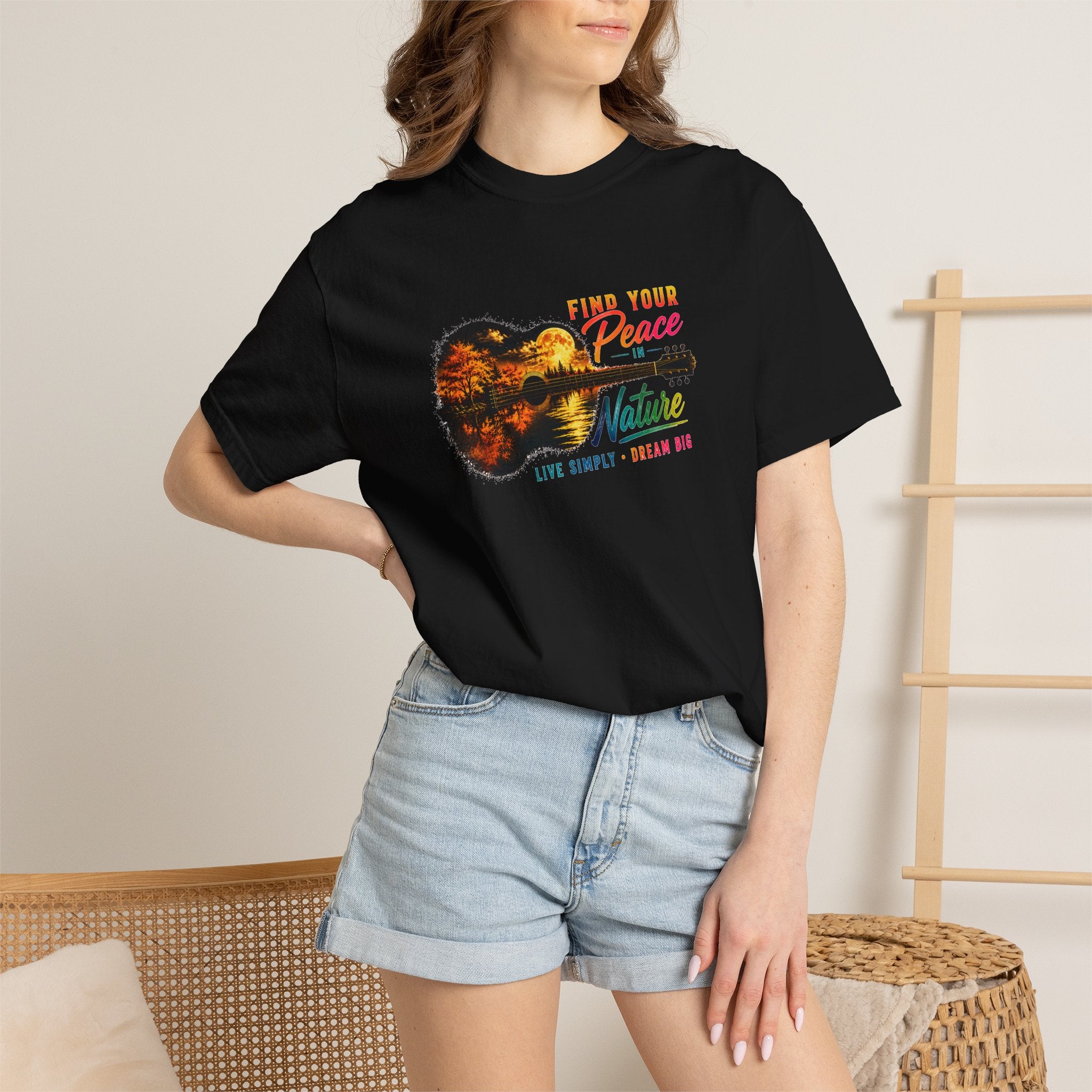 Acoustic Guitar Nature T-Shirt, Find Your Peace in Nature Tee, Music Lover Gift, Camping Shirt, Outdoor Graphic Tee, Hiking Shirt