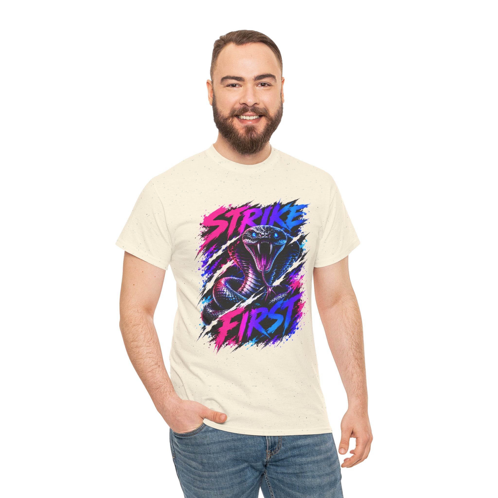 Strike First Cobra T-Shirt | Neon Snake Graphic Tee | Bold Streetwear Shirt | Unisex Graphic Tee