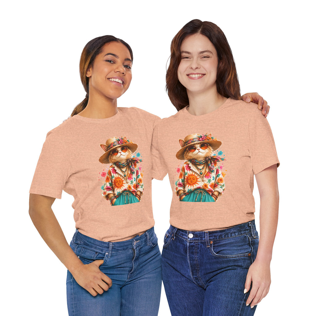 Boho Cat Graphic Tee — Floral Hat & Sunshine Cat T-Shirt