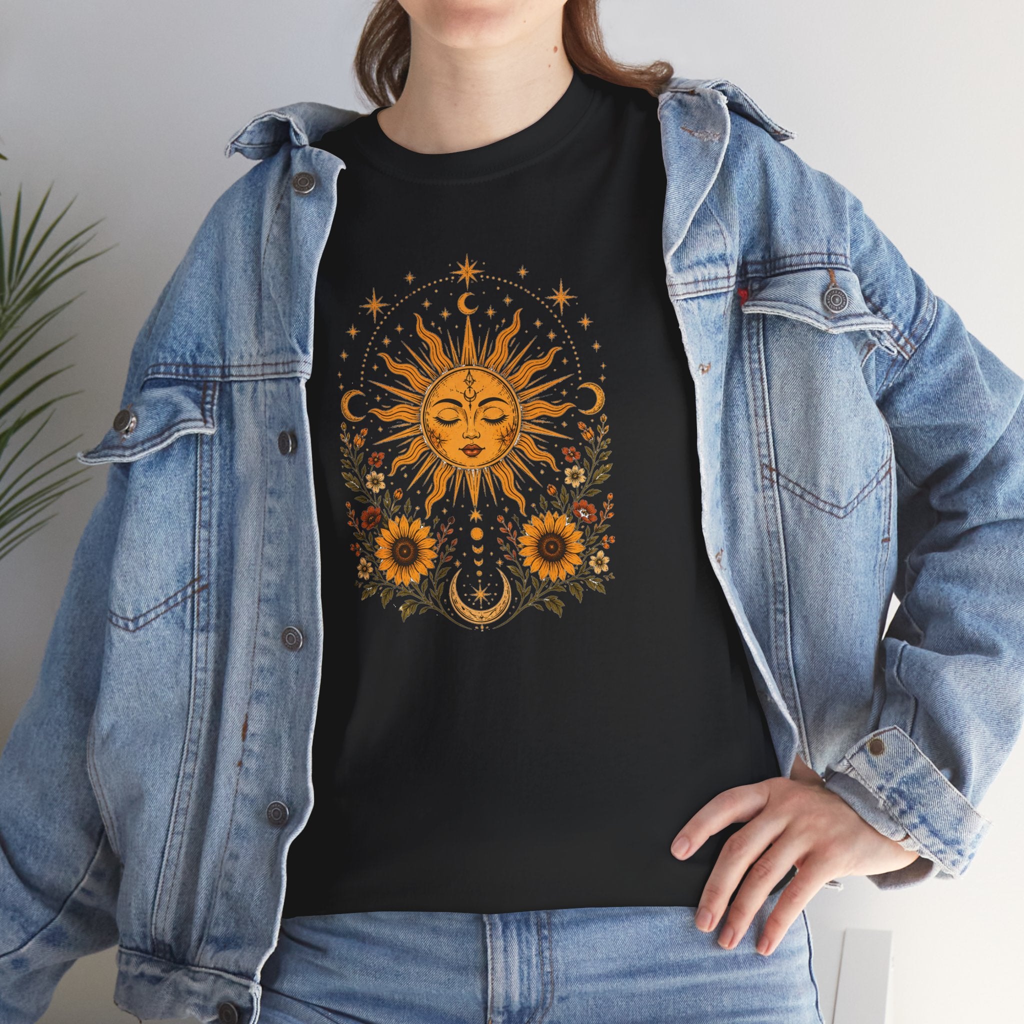 Sun & Sunflower Graphic T-Shirt, Boho Celestial Tee, Vintage Sun Shirt, Spiritual Aesthetic Top, Gift for Her