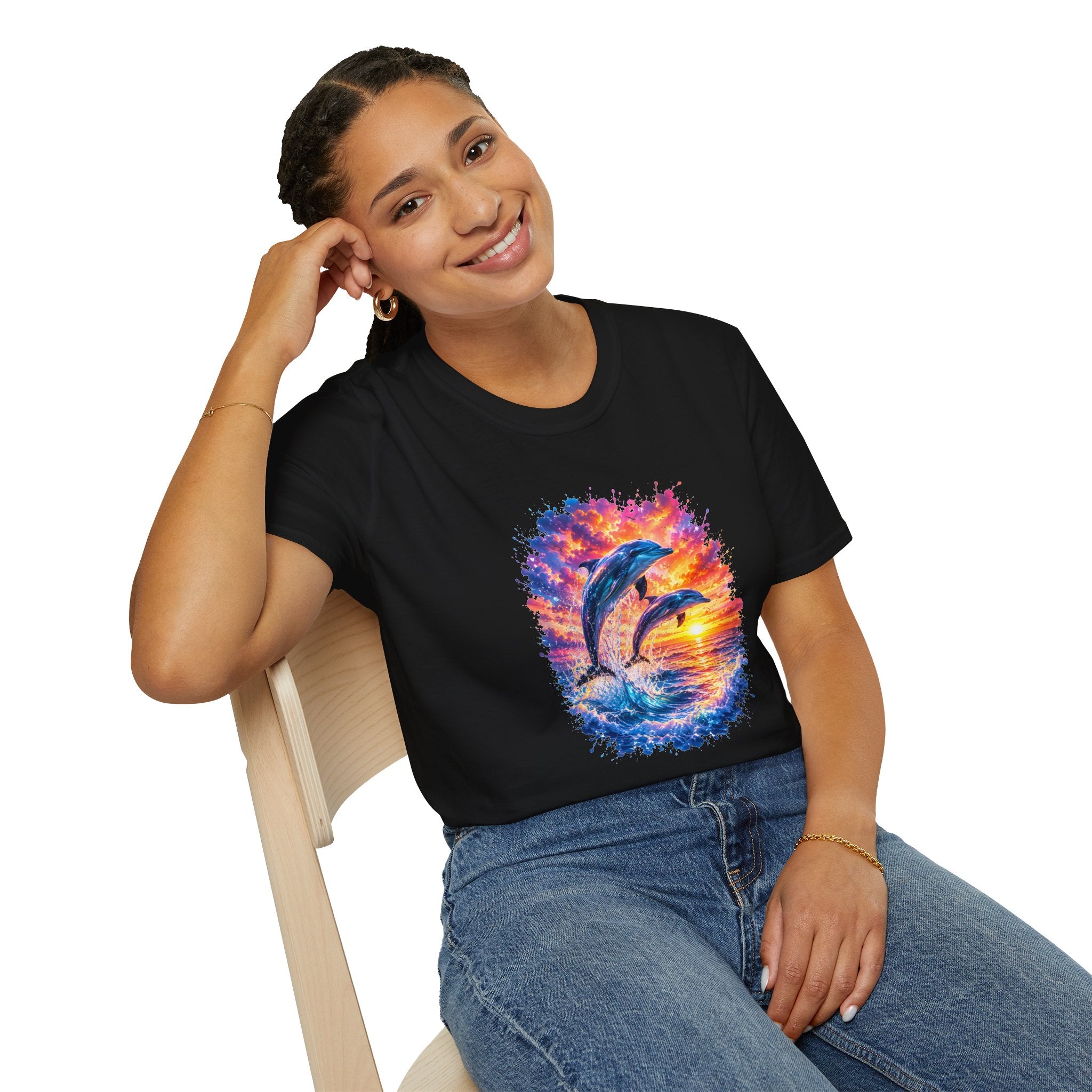 Dolphin Sunset TShirt  Vibrant Ocean Jump Graphic Tee
