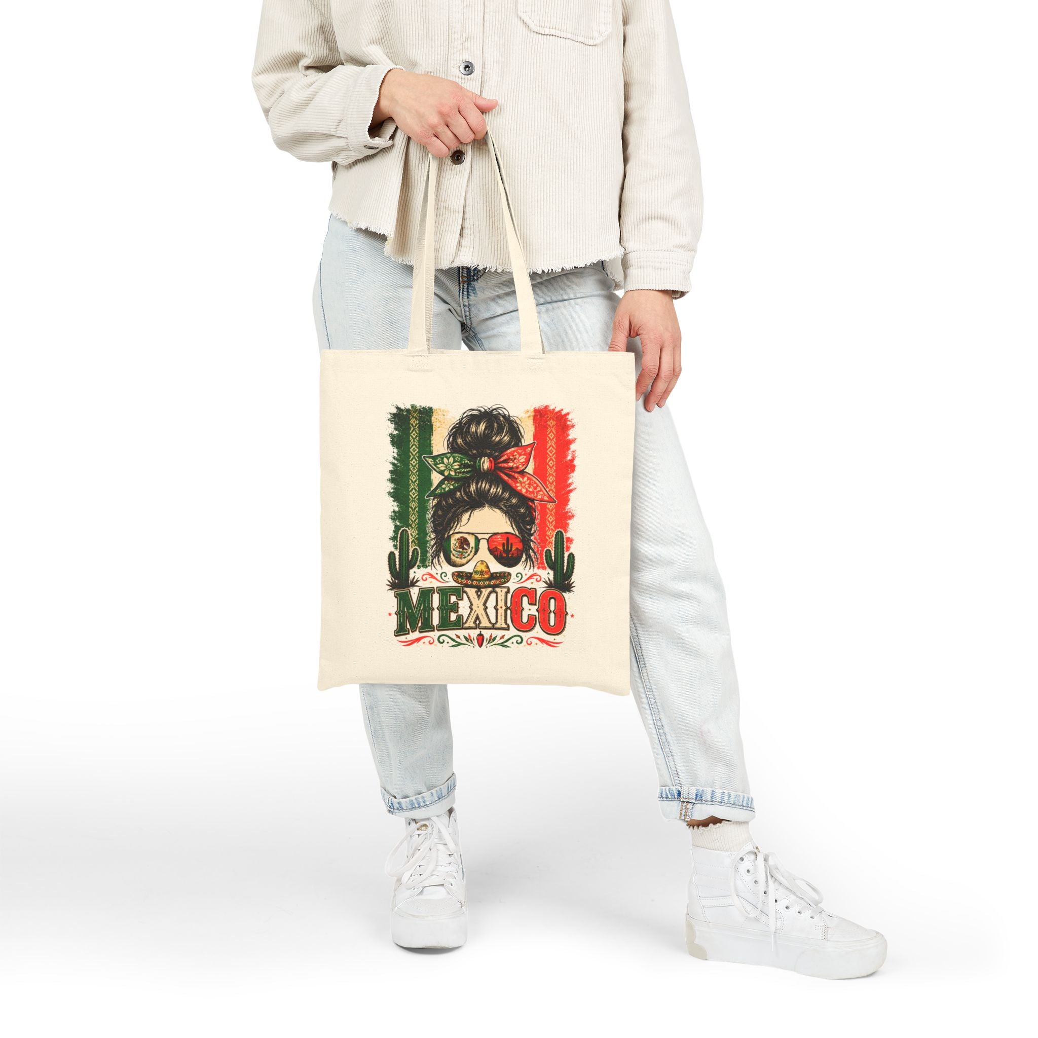 Mexico Messy Bun Tote Bag – Mexican Flag Sunglasses Canvas Tote