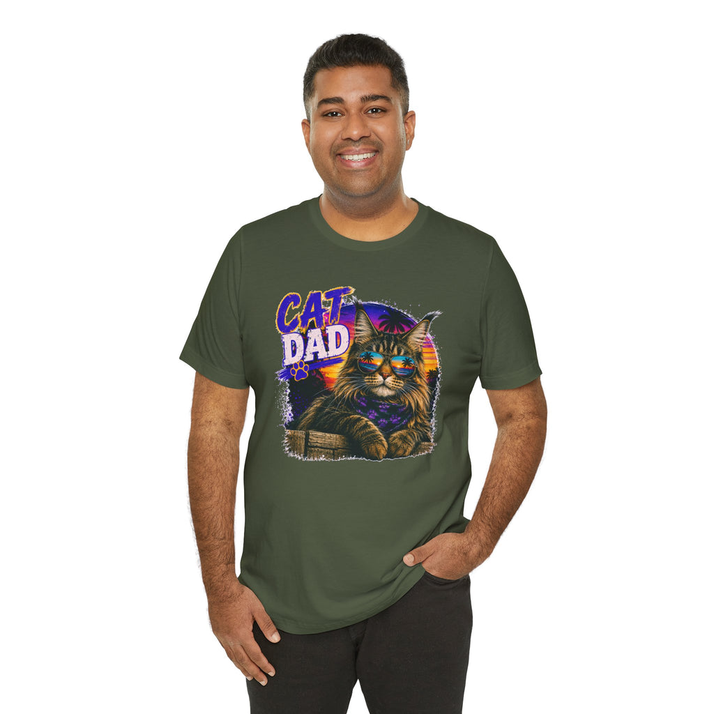 Cat Dad Maine Coon T-Shirt | Retro Sunset Cat Lover Shirt | Funny Cat Dad Gift | Vintage Graphic Tee for Men