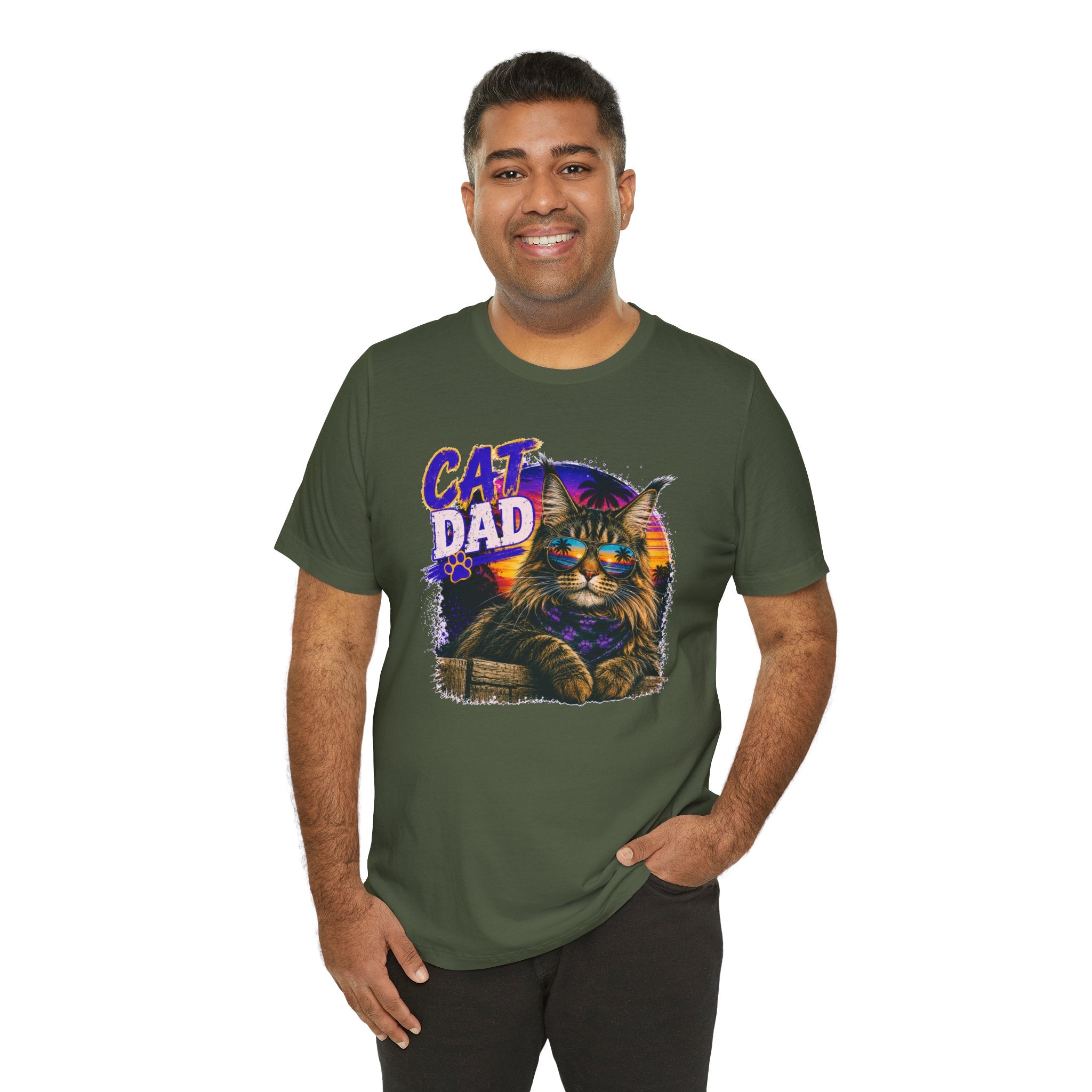 Cat Dad Maine Coon T-Shirt | Retro Sunset Cat Lover Shirt | Funny Cat Dad Gift | Vintage Graphic Tee for Men