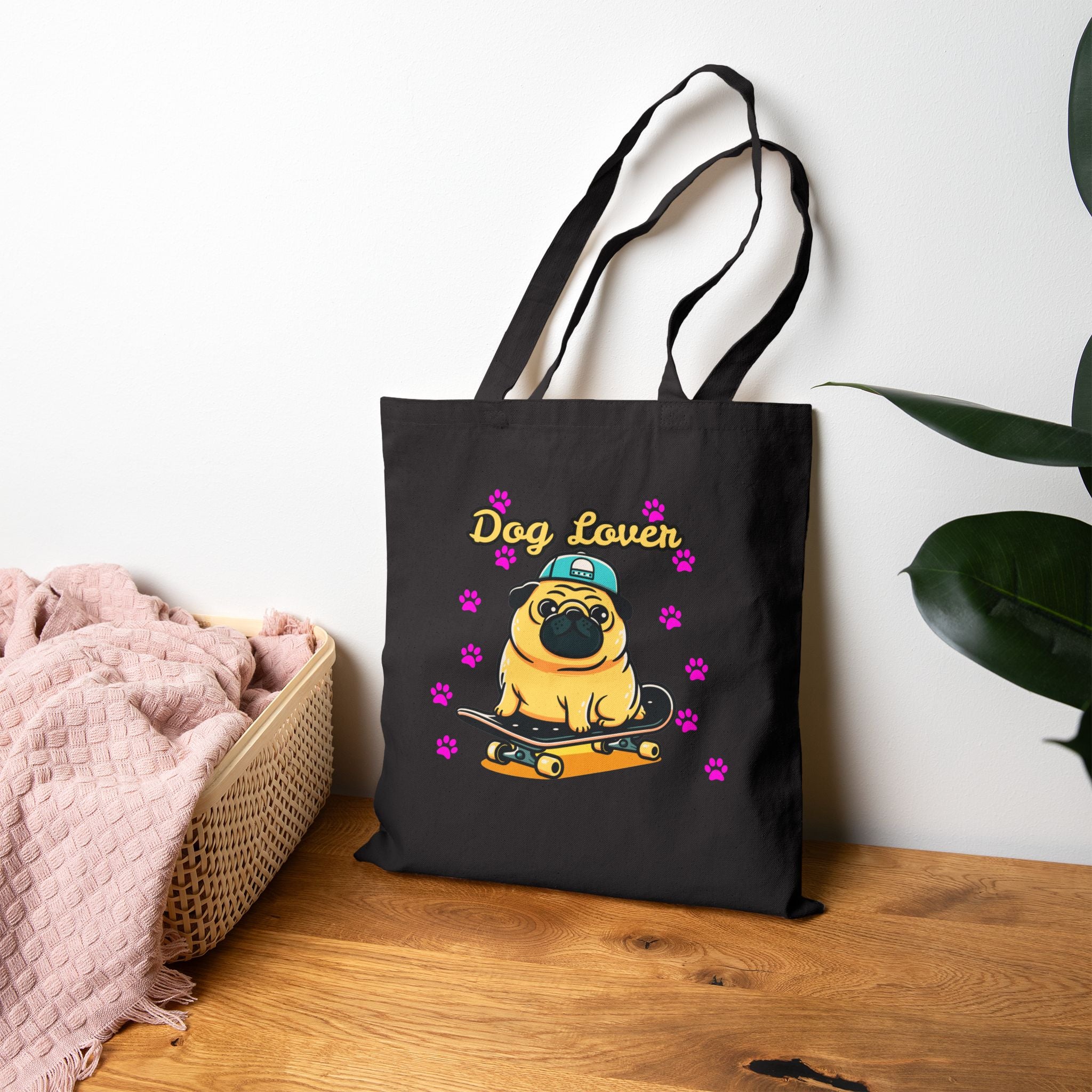 Tote Bag — "Dog Lover" Skateboarding Pug Canvas Tote