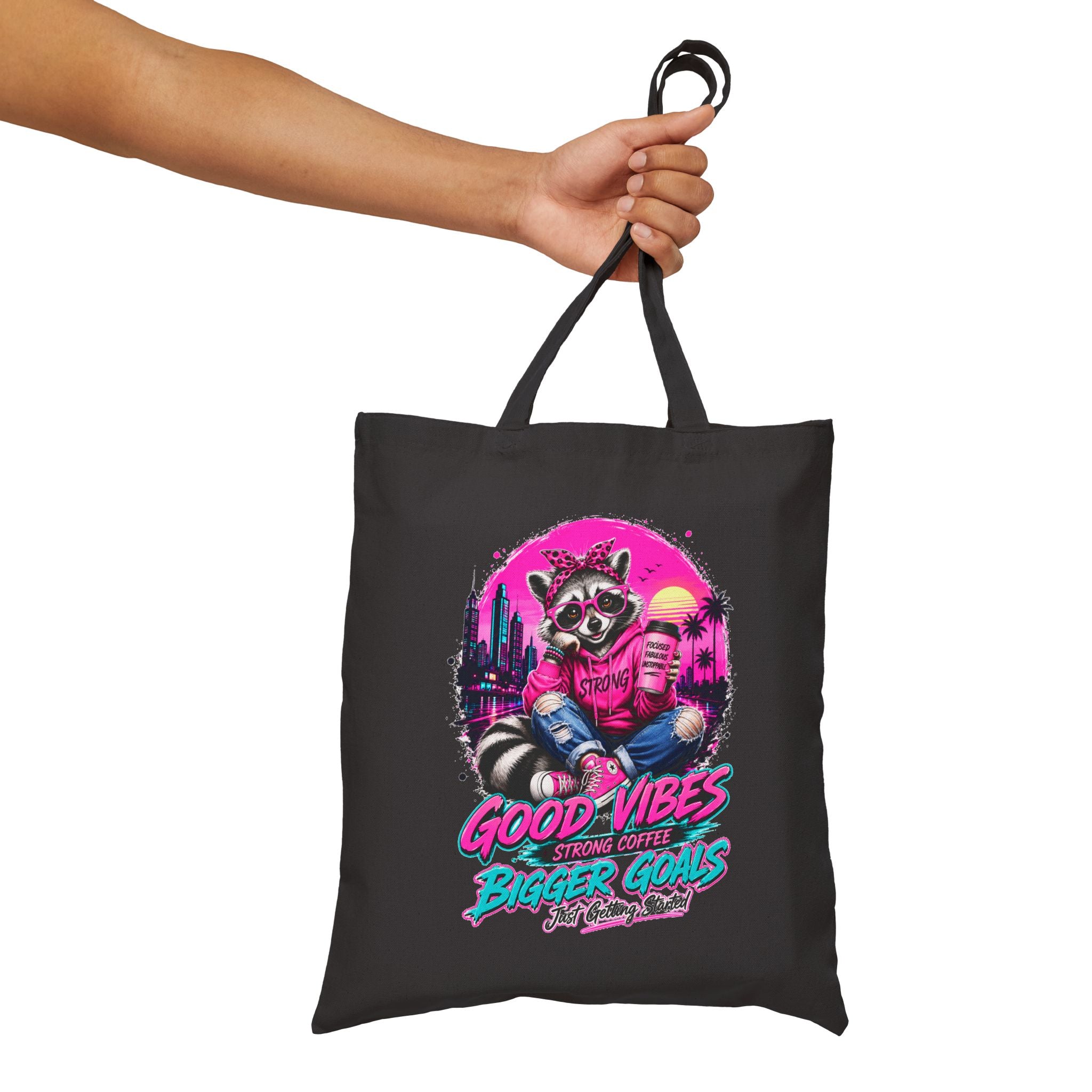 Cute Raccoon Tote Bag, Coffee Lover Gift, Good Vibes Bigger Goals Bag, Funny Reusable Grocery Tote, Aesthetic Canvas Style Shoulder Bag