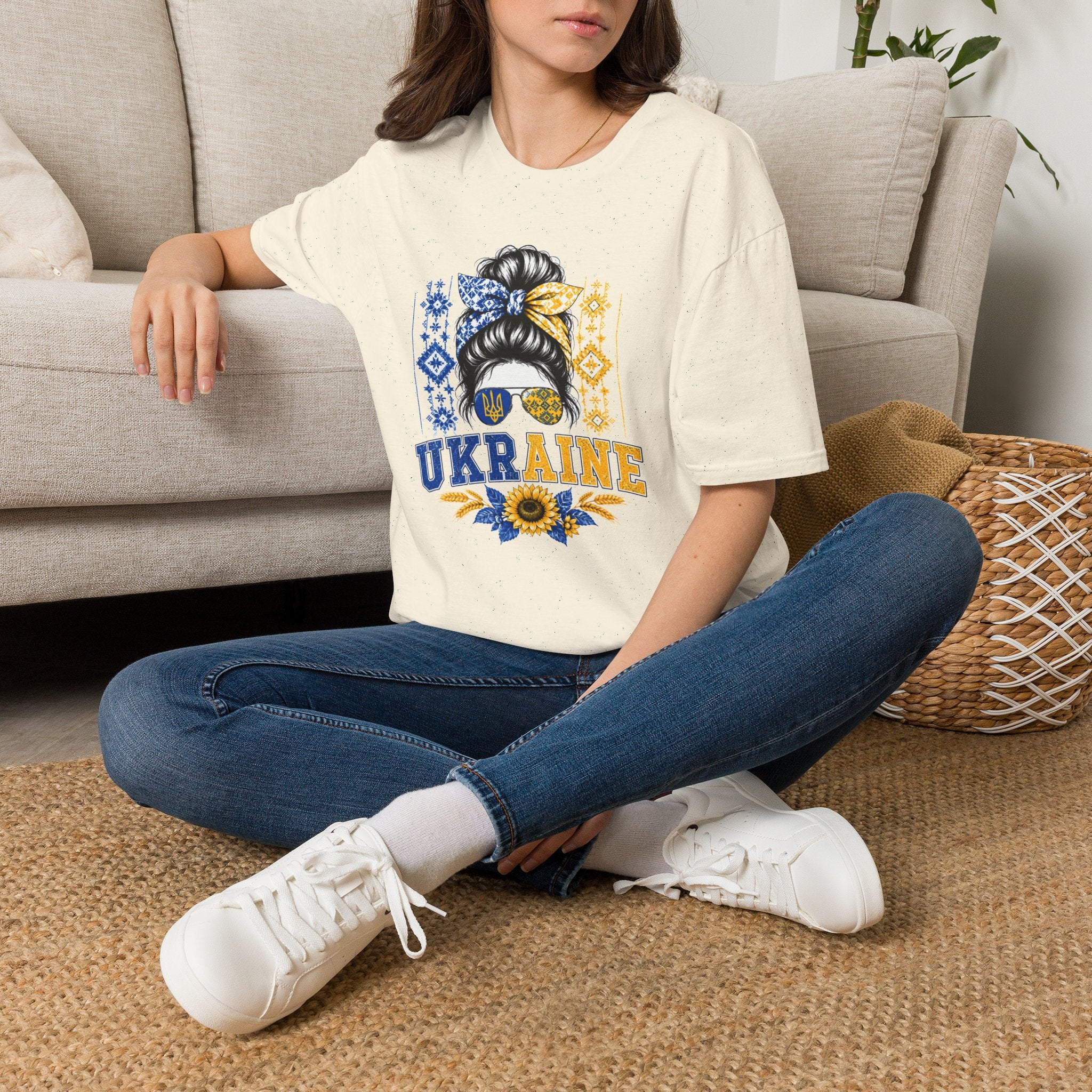 Ukraine Sunflower Hair Bun T-Shirt — Messy Bun with Blue & Yellow Bandana