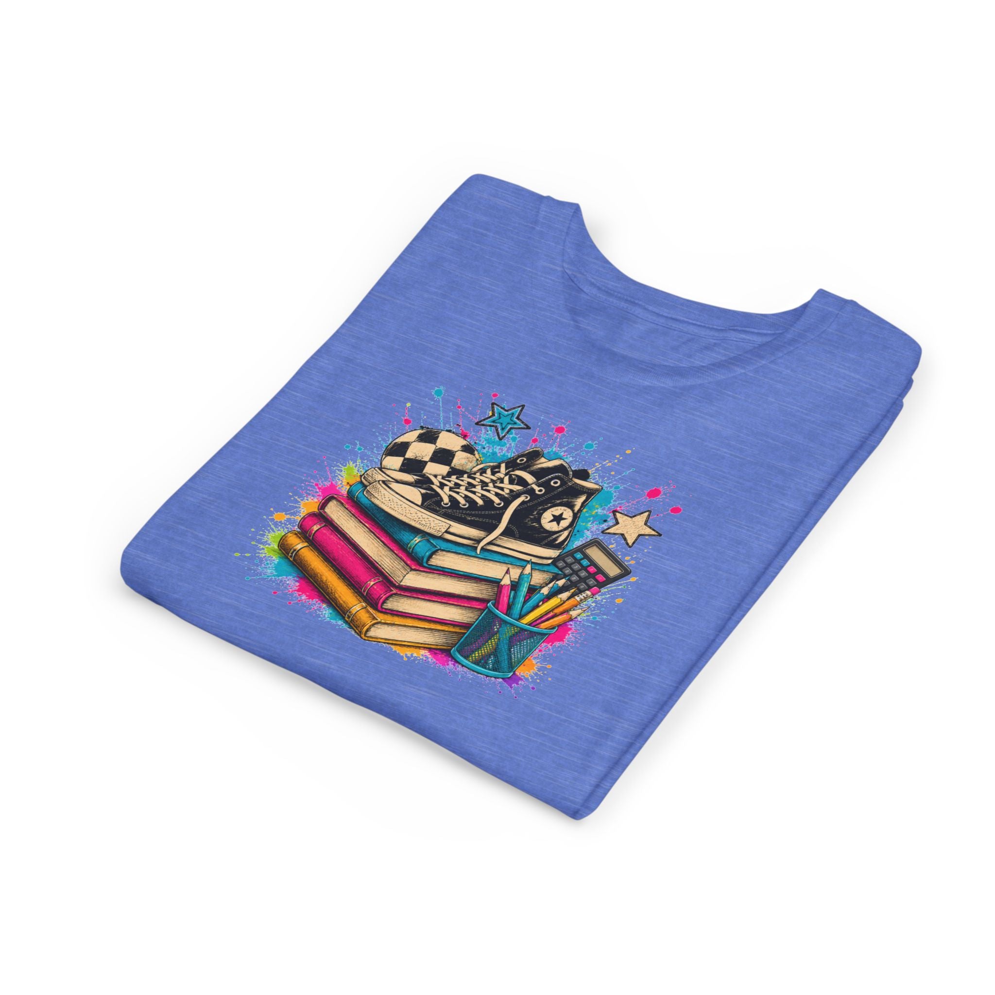 Kids Back-to-School Tee — Colorful Books, Sneakers & Pencils Graphic