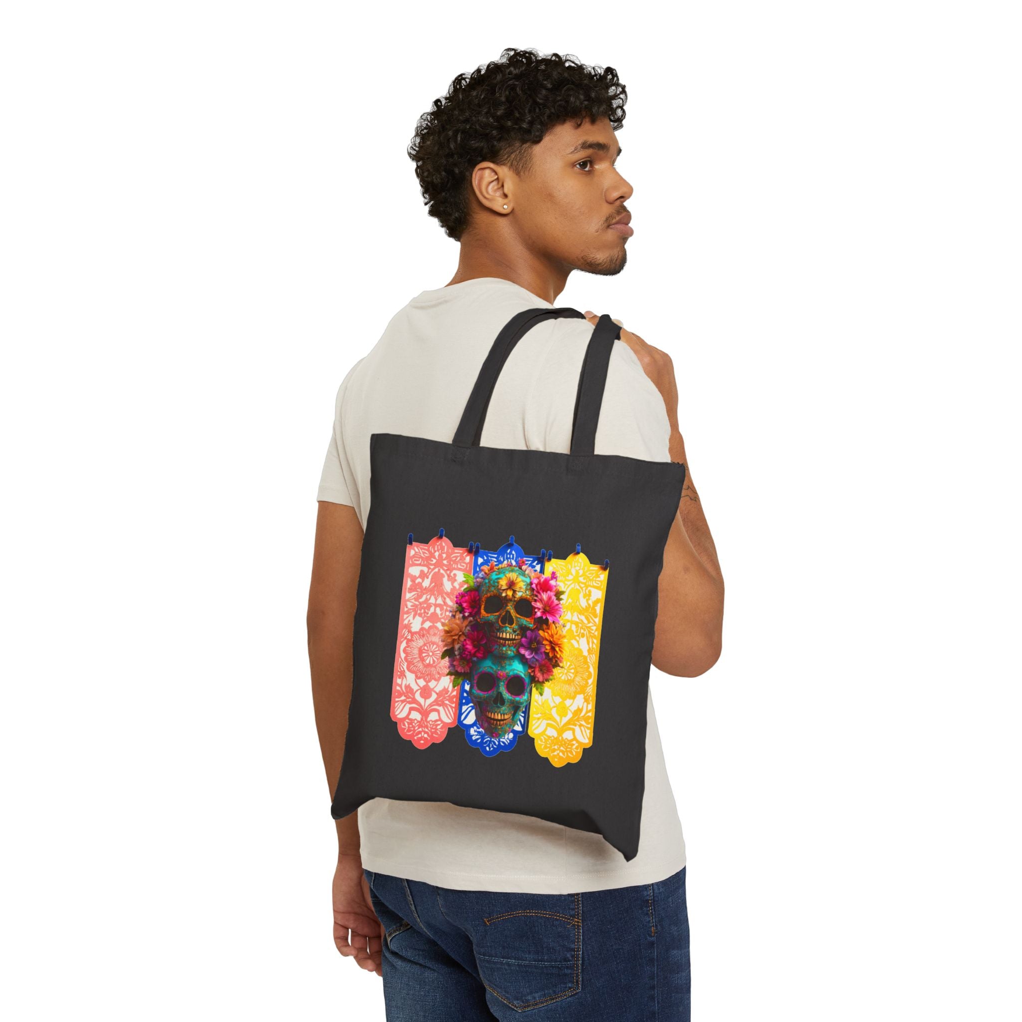 Day of the Dead Floral Skull Tote Bag, Sugar Skull Bag, Dia de los Muertos Tote