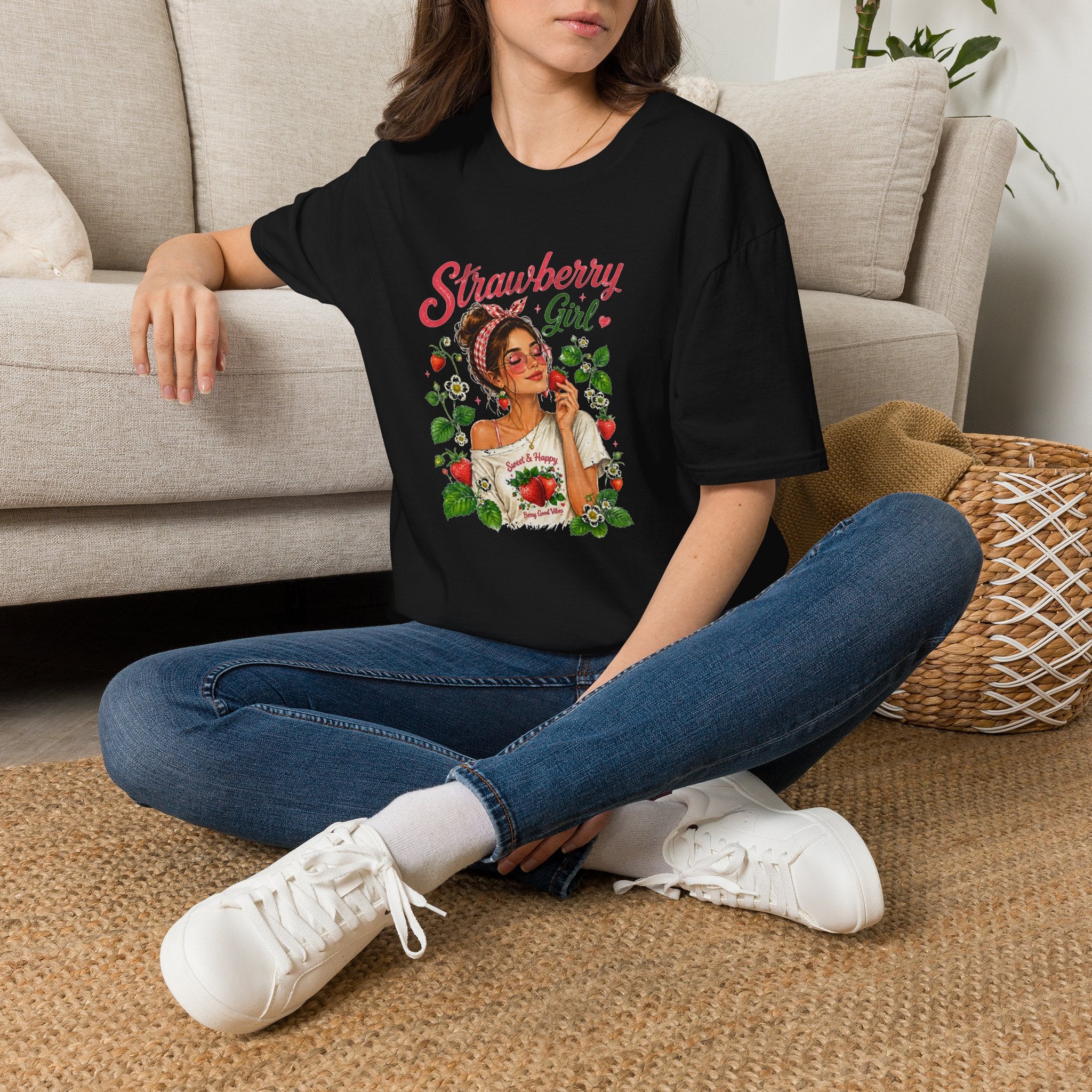 Strawberry Girl T-Shirt, Cute Strawberry Graphic Tee, Retro Fruit Shirt, Summer Women's T-Shirt