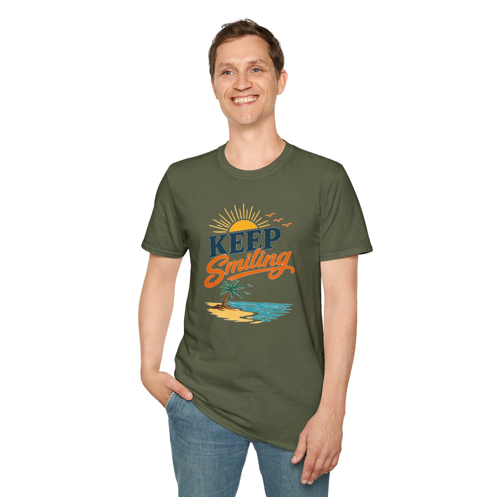 Keep Smiling Beach T-Shirt – Retro Sunset Palm Tee
