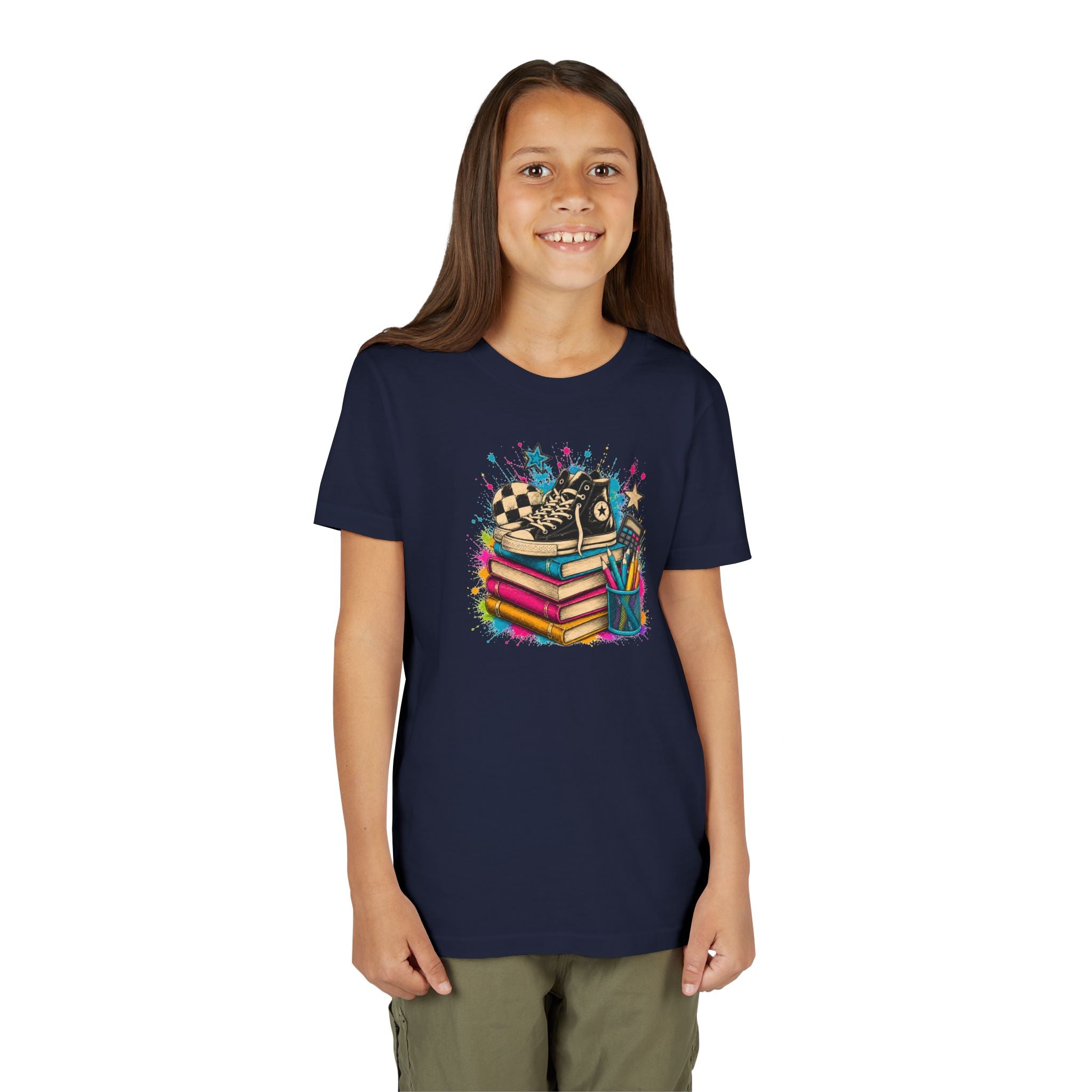 Kids Back-to-School Tee — Colorful Books, Sneakers & Pencils Graphic