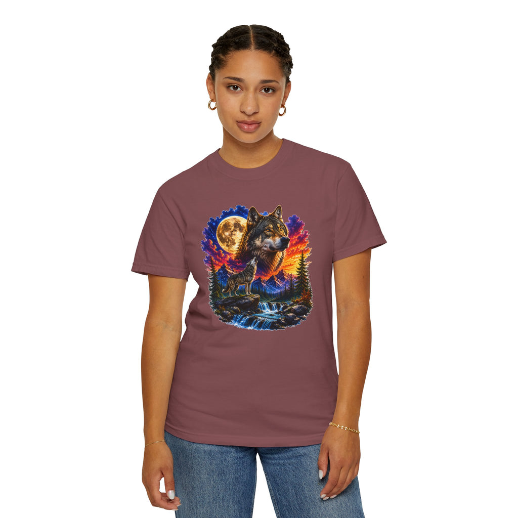 Colorful Wolf Moon T-Shirt, Nature Lover Gift, Howling Wolf Graphic Tee, Mountain Forest Shirt, Wildlife Adventure Tee