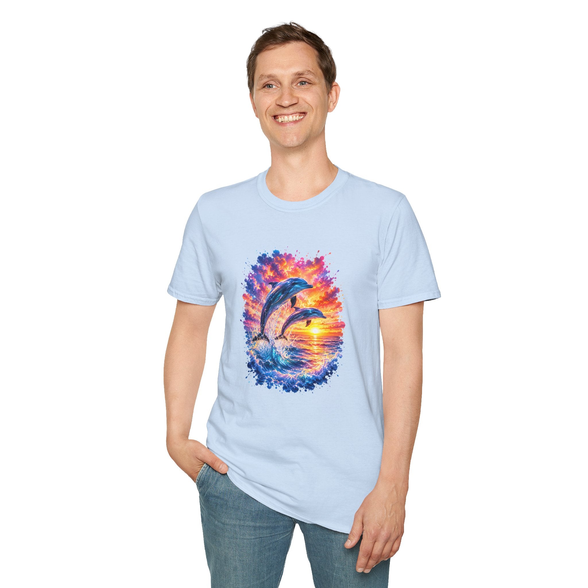 Dolphin Sunset TShirt  Vibrant Ocean Jump Graphic Tee