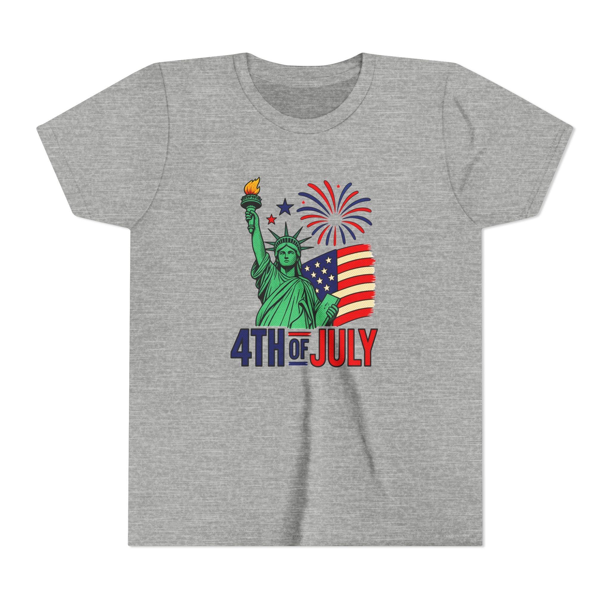 Kids 4th of July T-Shirt – Statue of Liberty, Flag & Fireworks Youth Tee