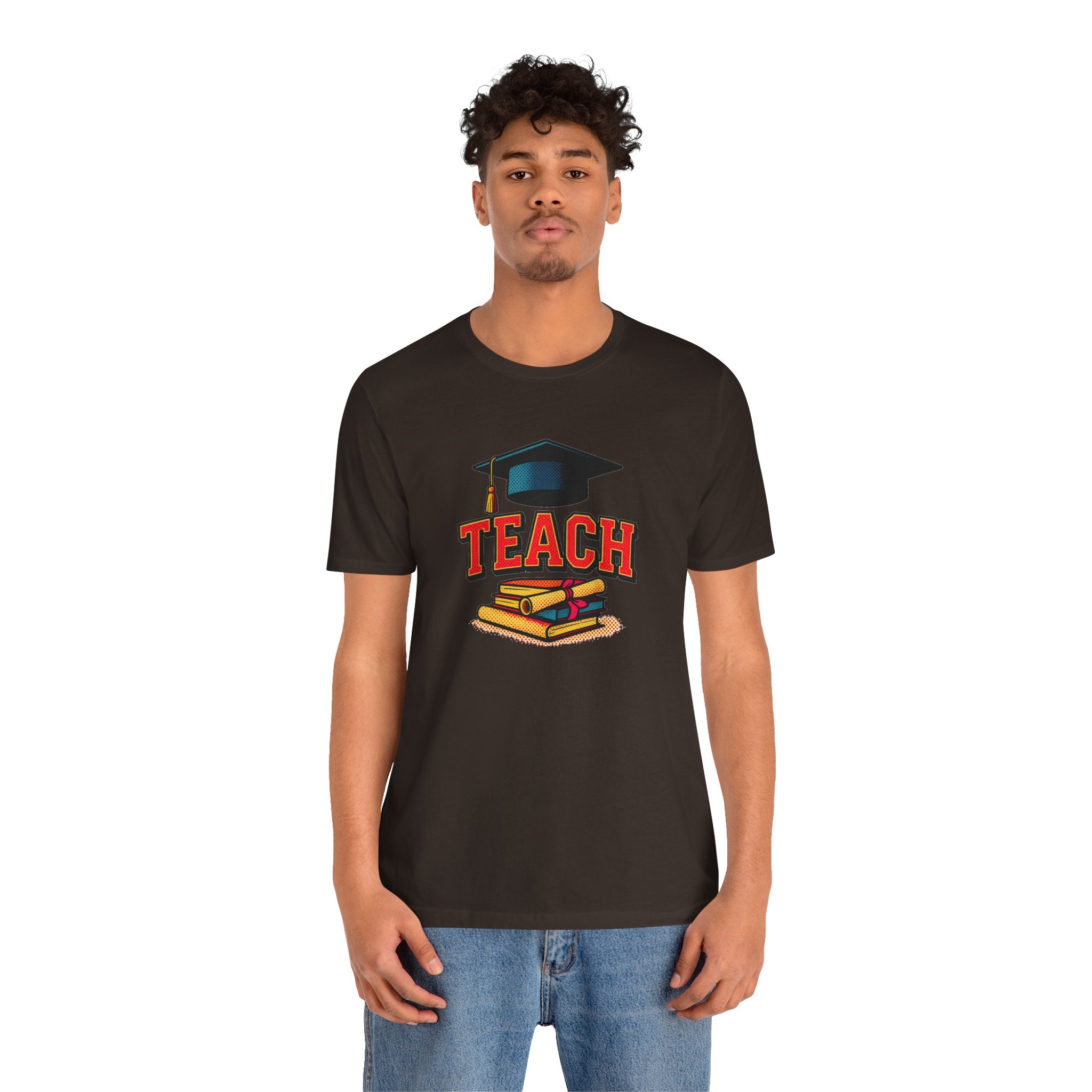 Teach Graduation T‑Shirt — Teacher Gift Tee with Cap & Books Design