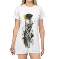 Artistic Watercolor Woman T-Shirt Dress – Ethereal Black & Gold Illustration