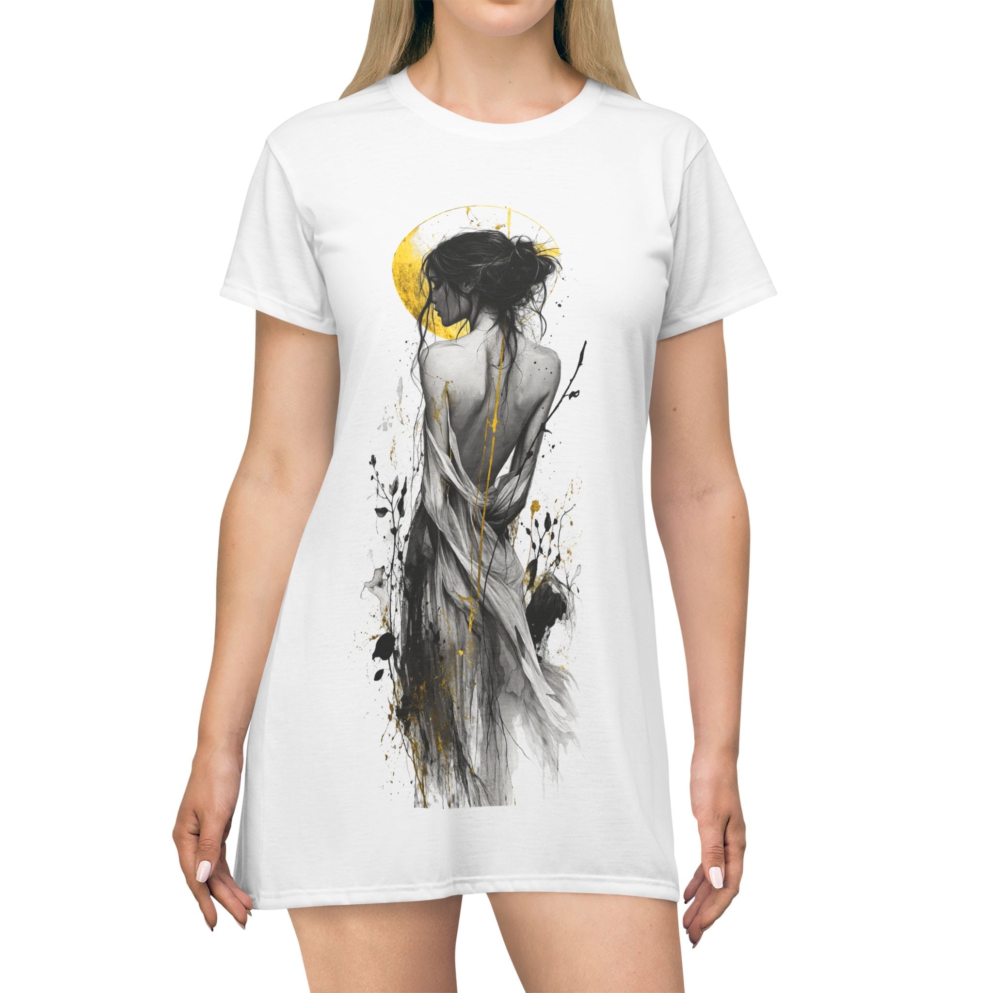 Artistic Watercolor Woman T-Shirt Dress – Ethereal Black & Gold Illustration