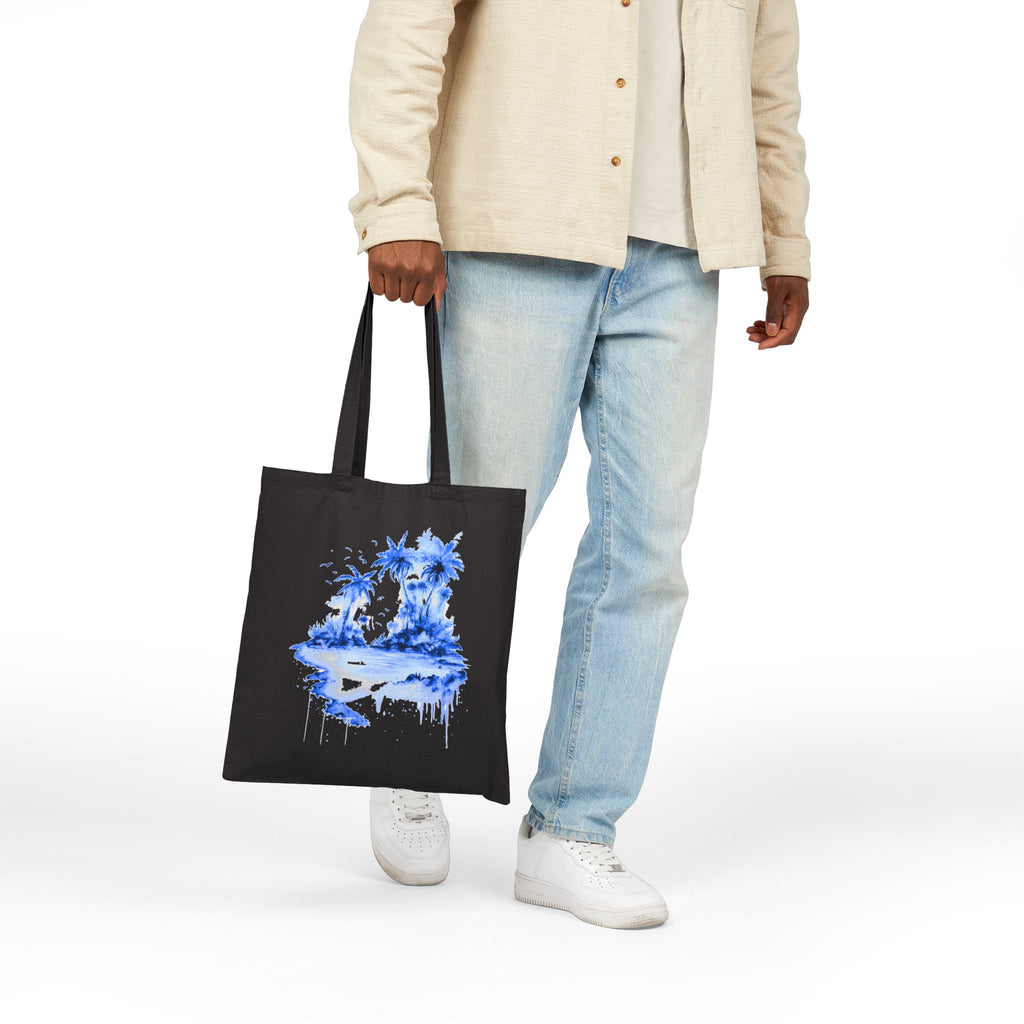 Blue Watercolor Tropical Island Tote Bag | Palm Trees Beach Canvas