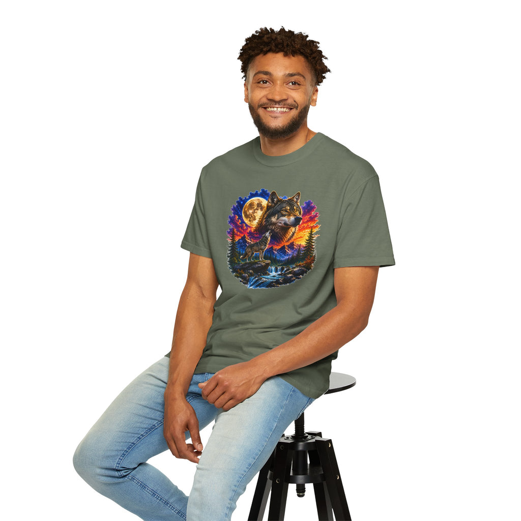 Colorful Wolf Moon T-Shirt, Nature Lover Gift, Howling Wolf Graphic Tee, Mountain Forest Shirt, Wildlife Adventure Tee