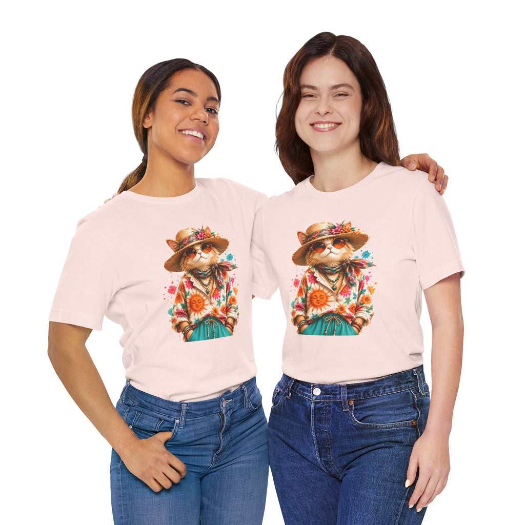 Boho Cat Graphic Tee — Floral Hat & Sunshine Cat T-Shirt