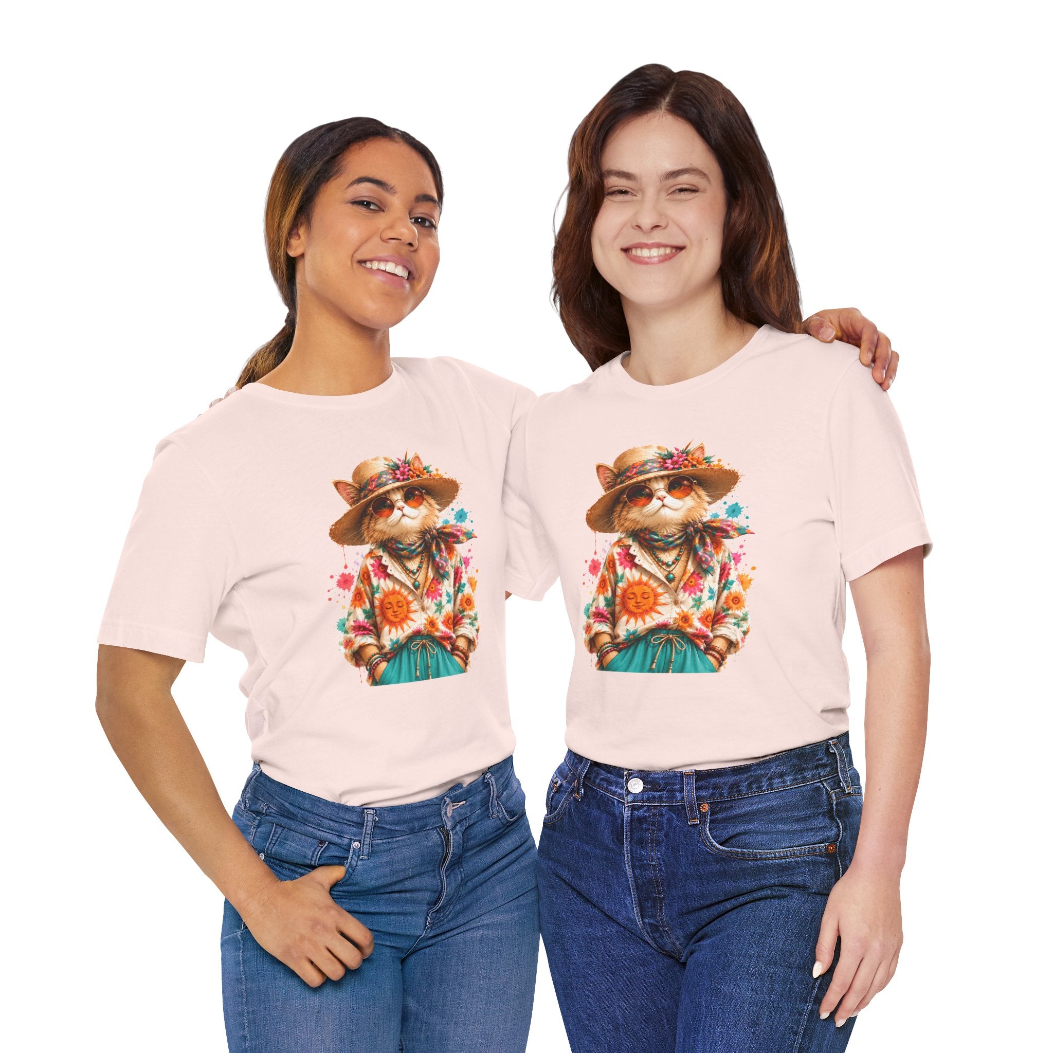 Boho Cat Graphic Tee — Floral Hat & Sunshine Cat T-Shirt