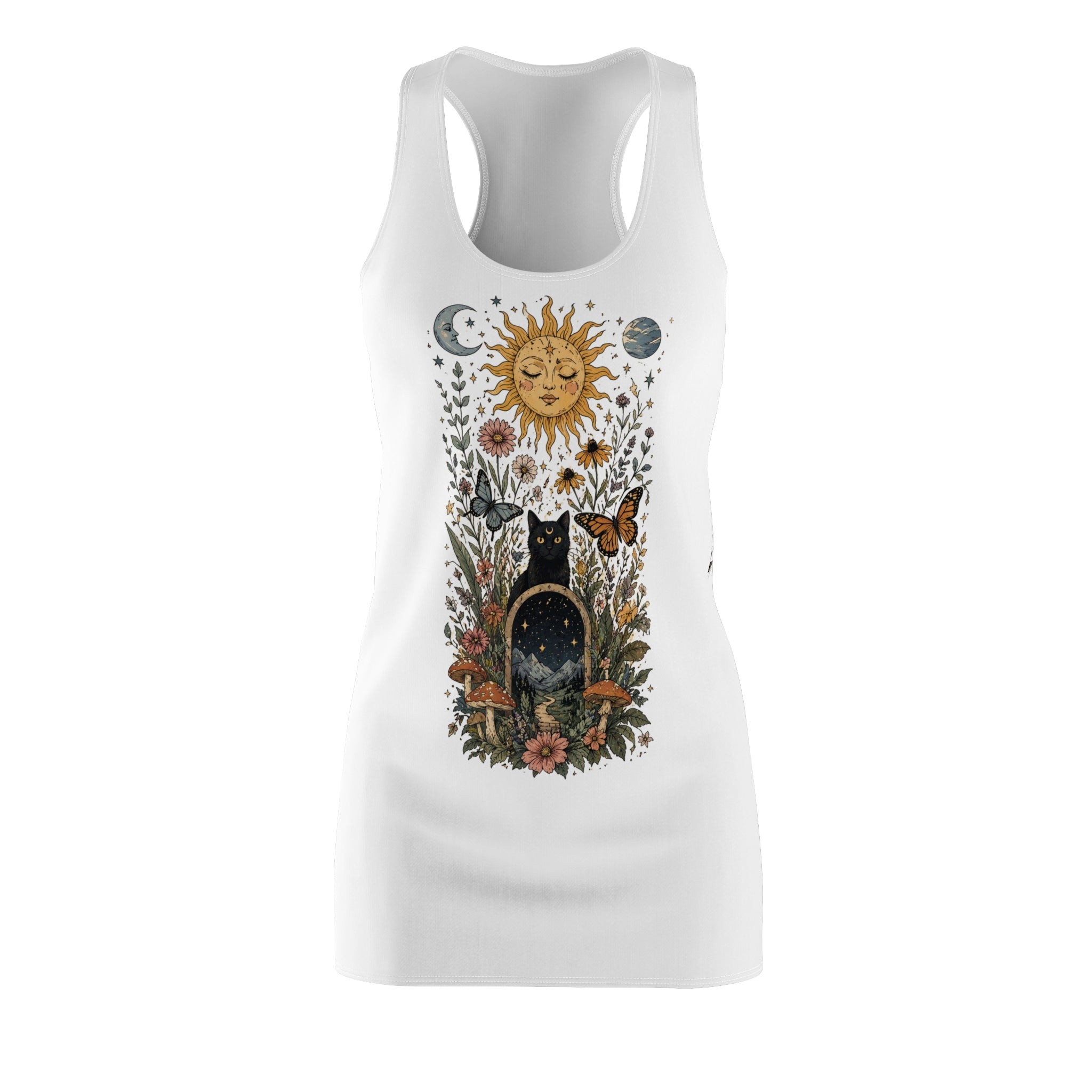 Mystic Sun & Black Cat Racerback Dress — Boho Floral Astrology AOP