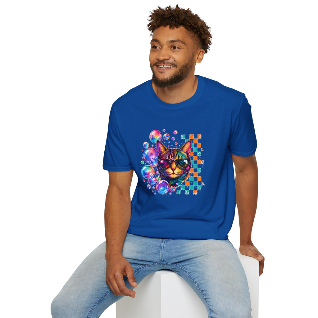 Colorful Cat Sunglasses T-Shirt, Retro Pop Art Cat Tee, Fun Graphic Shirt