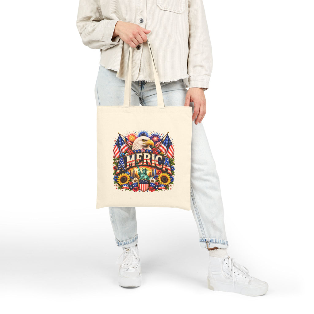 Patriotic America Tote Bag, Eagle Sunflower Tote, USA Flag Market Bag, Fourth of July Gift