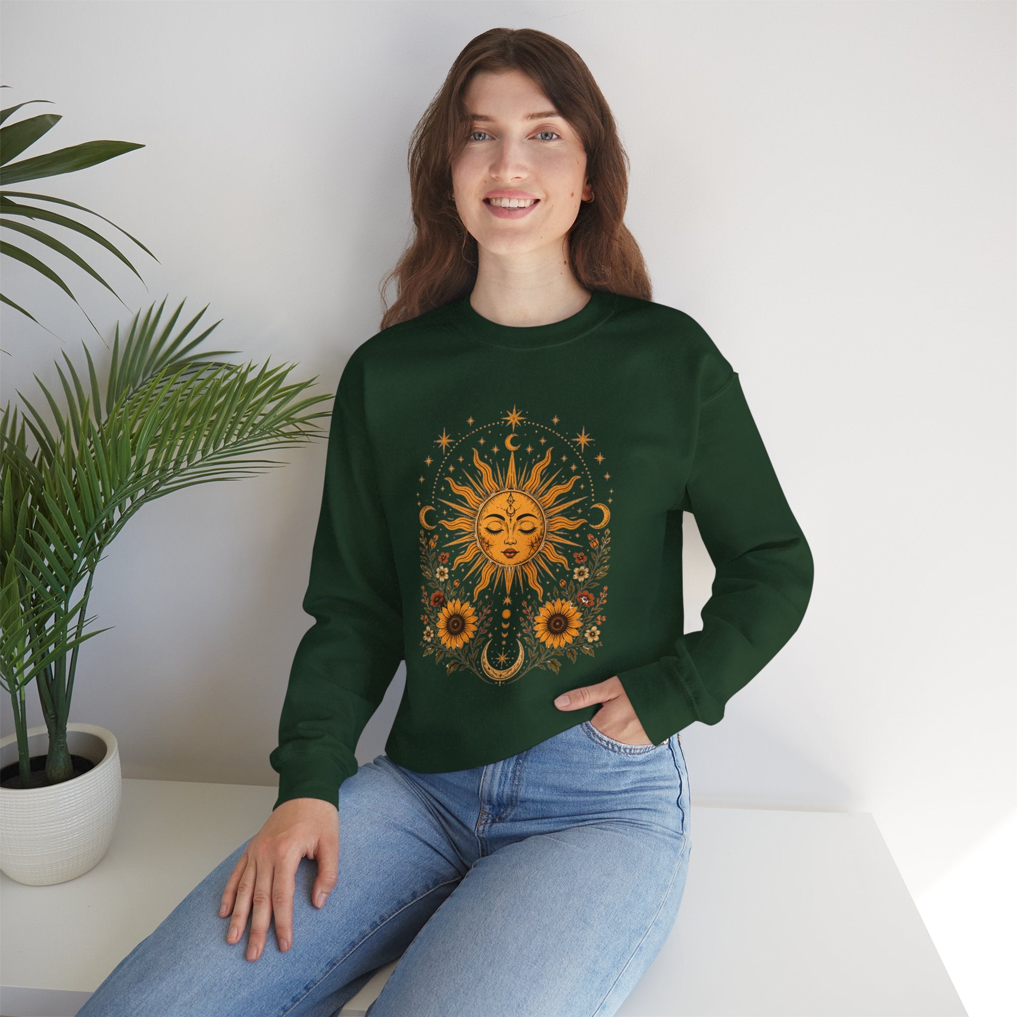 Sun & Sunflower Crewneck Sweatshirt, Boho Celestial Sweatshirt, Vintage Sun Graphic, Cozy Unisex Pullover, Gift for Her