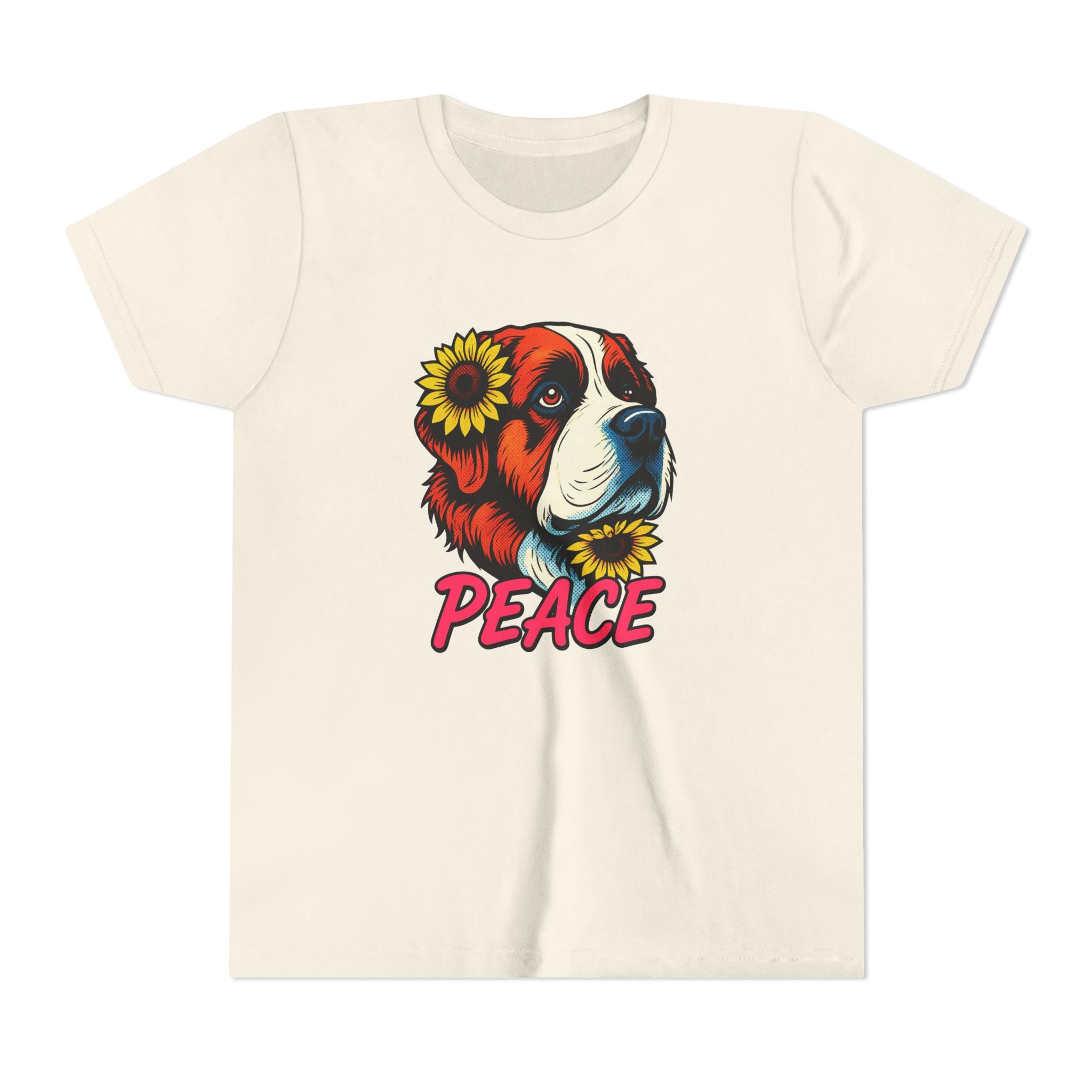 Youth Tee — Saint Bernard Dog with Sunflowers "Peace" Graphic
