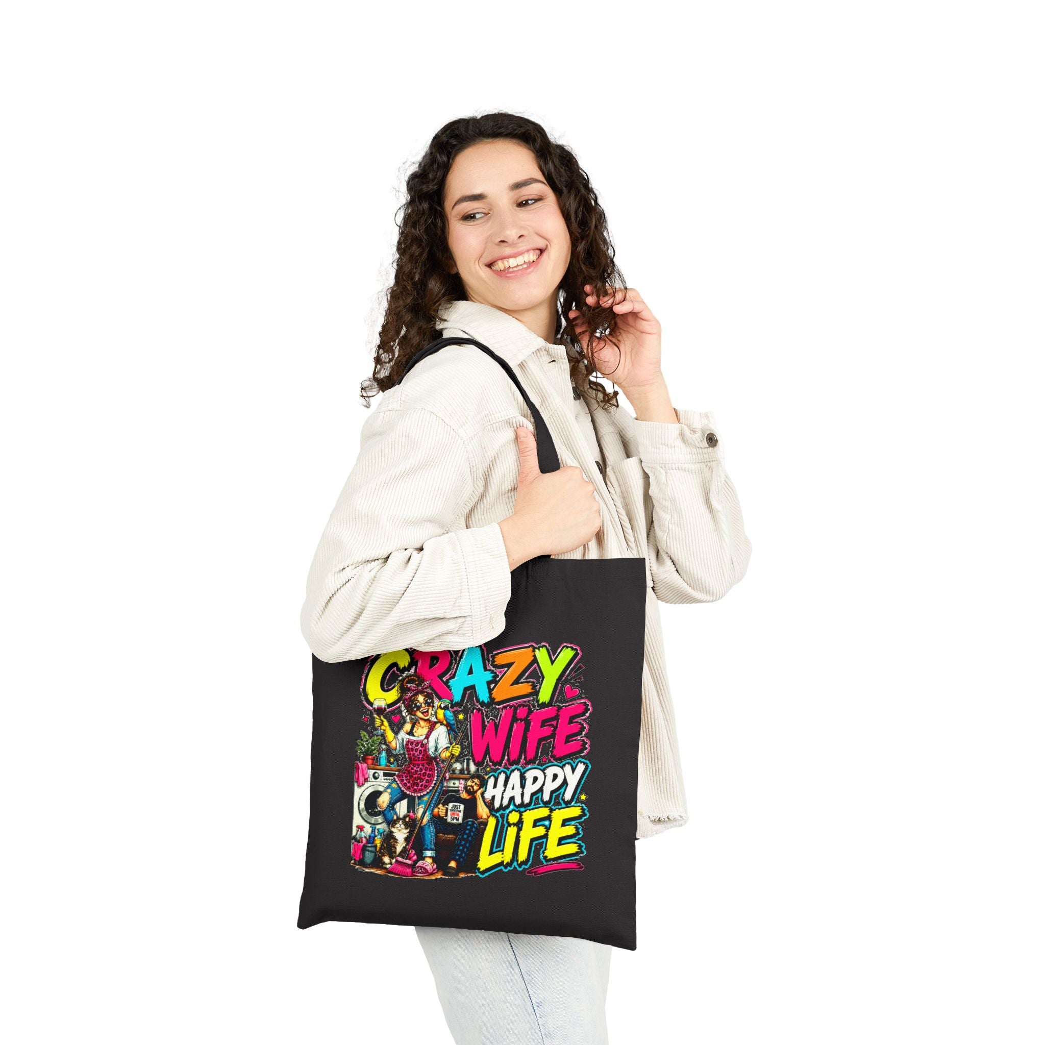 Crazy Wife Happy Life Tote Bag, Funny Wife Gift, Funny Marriage Canvas Bag, Wife Humor Gift, Anniversary Gift, Reusable Shopping Tote