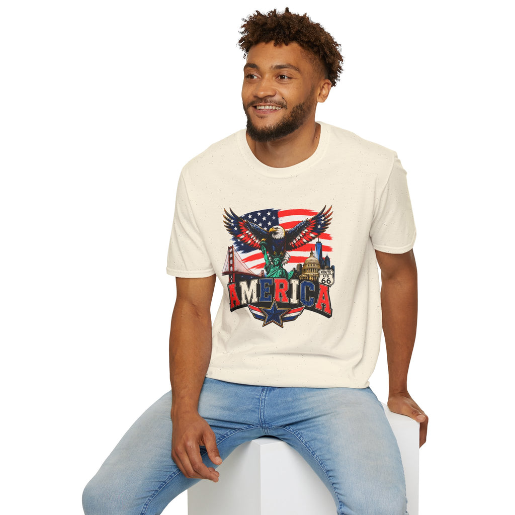 America Eagle Graphic T-Shirt — Patriotic USA Flag & Landmarks Tee (Statue of Liberty, Golden Gate, Capitol, Route 66)