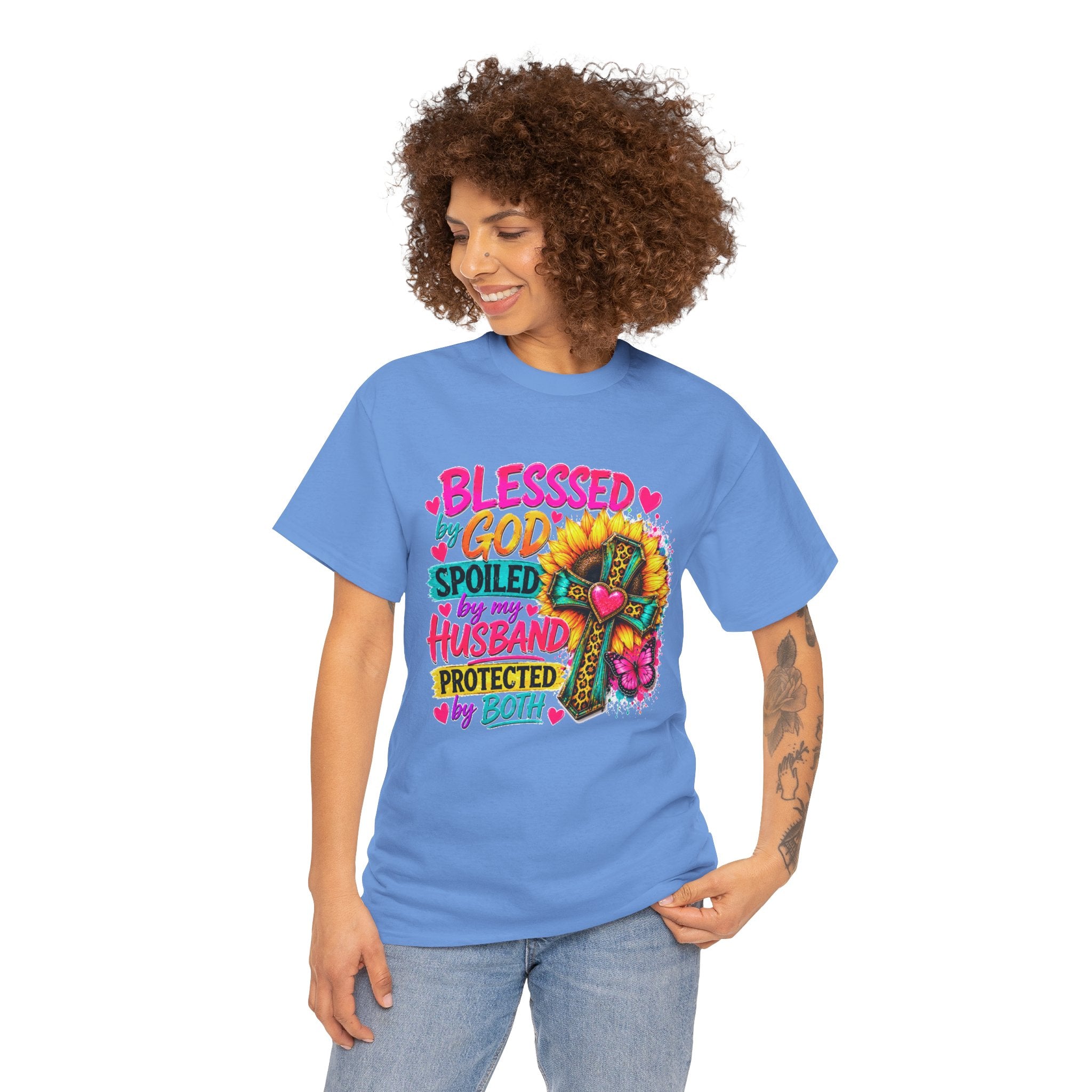 Blessed by God Spoiled by My Husband Tee — Christian Cross Floral Women's Shirt