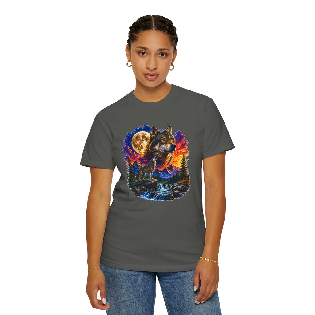 Colorful Wolf Moon T-Shirt, Nature Lover Gift, Howling Wolf Graphic Tee, Mountain Forest Shirt, Wildlife Adventure Tee