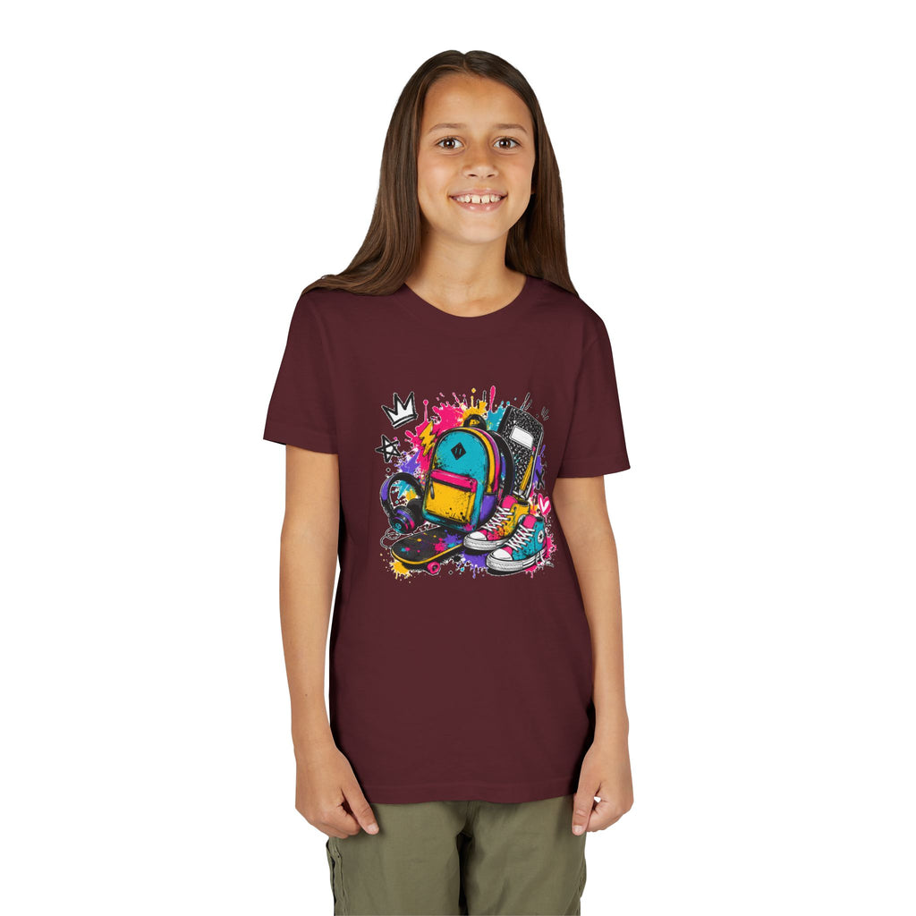 Youth Tee — Colorful Back-to-School Backpack Skateboard Graphic