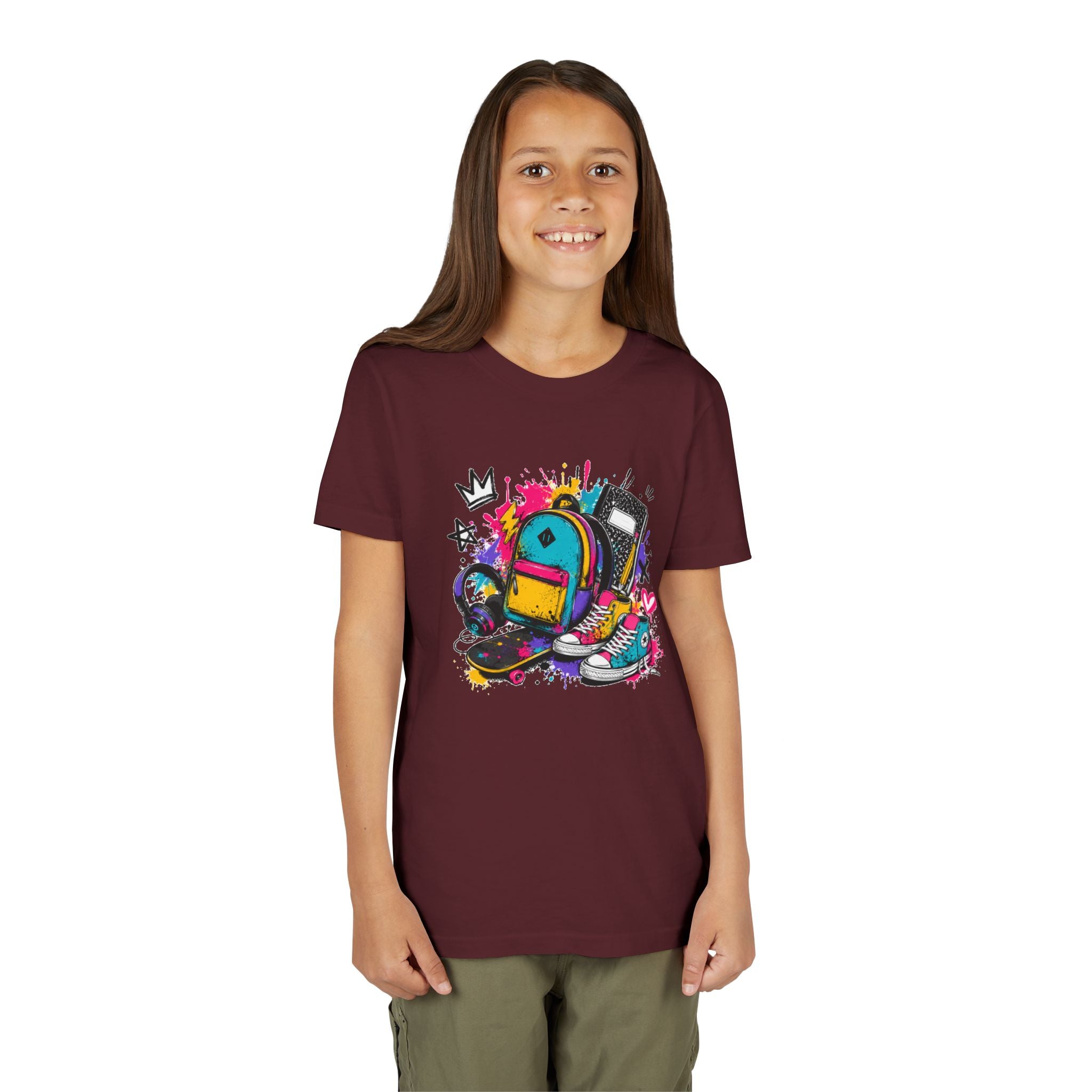 Youth Tee — Colorful Back-to-School Backpack Skateboard Graphic
